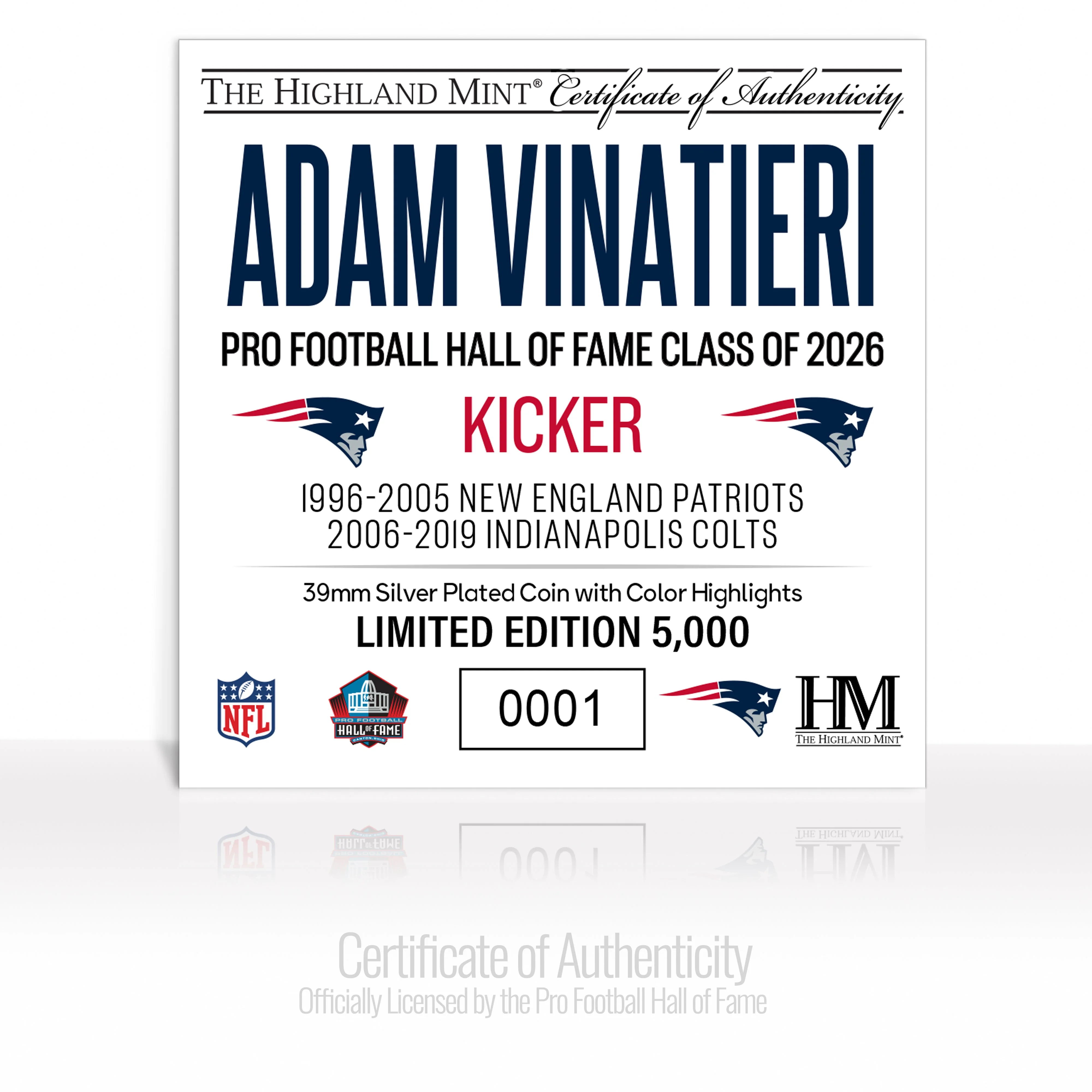 Adam Vinatieri Patriots 2026 NFL Hall of Fame Induction Silver Plated Coin - Image 2