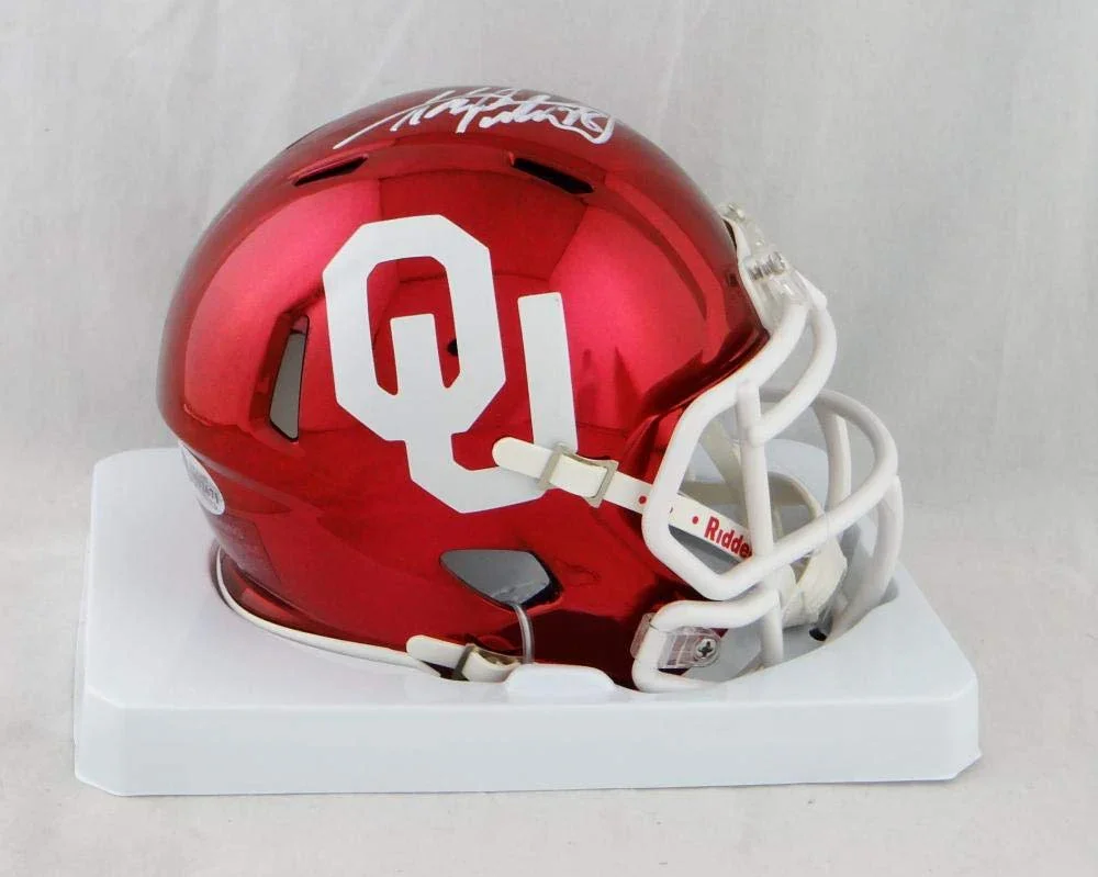 Adrian Peterson Autographed Oklahoma Sooners Chrome Mini Helmet - Beckett Auth White - Image 2