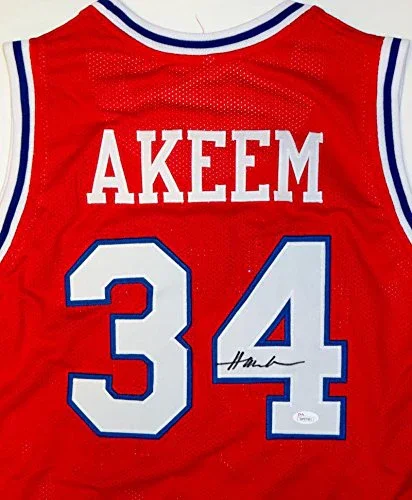 Akeem Olajuwon Autographed Red College Style Jersey- JSA Witnessed Authenticated - Image 4