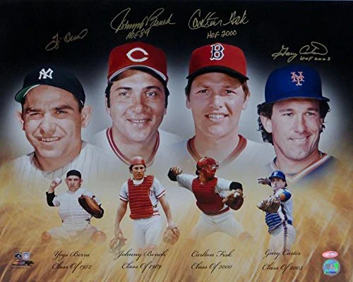 Berra, Bench, Fisk Carter Autographed HOF Catchers 16x20 Photo Steiner Auth