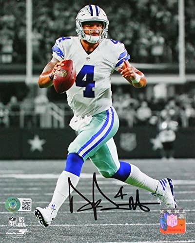 Dak Prescott Autographed Dallas Cowboys 8x10 B/W Photo-Beckett W Hologram Black