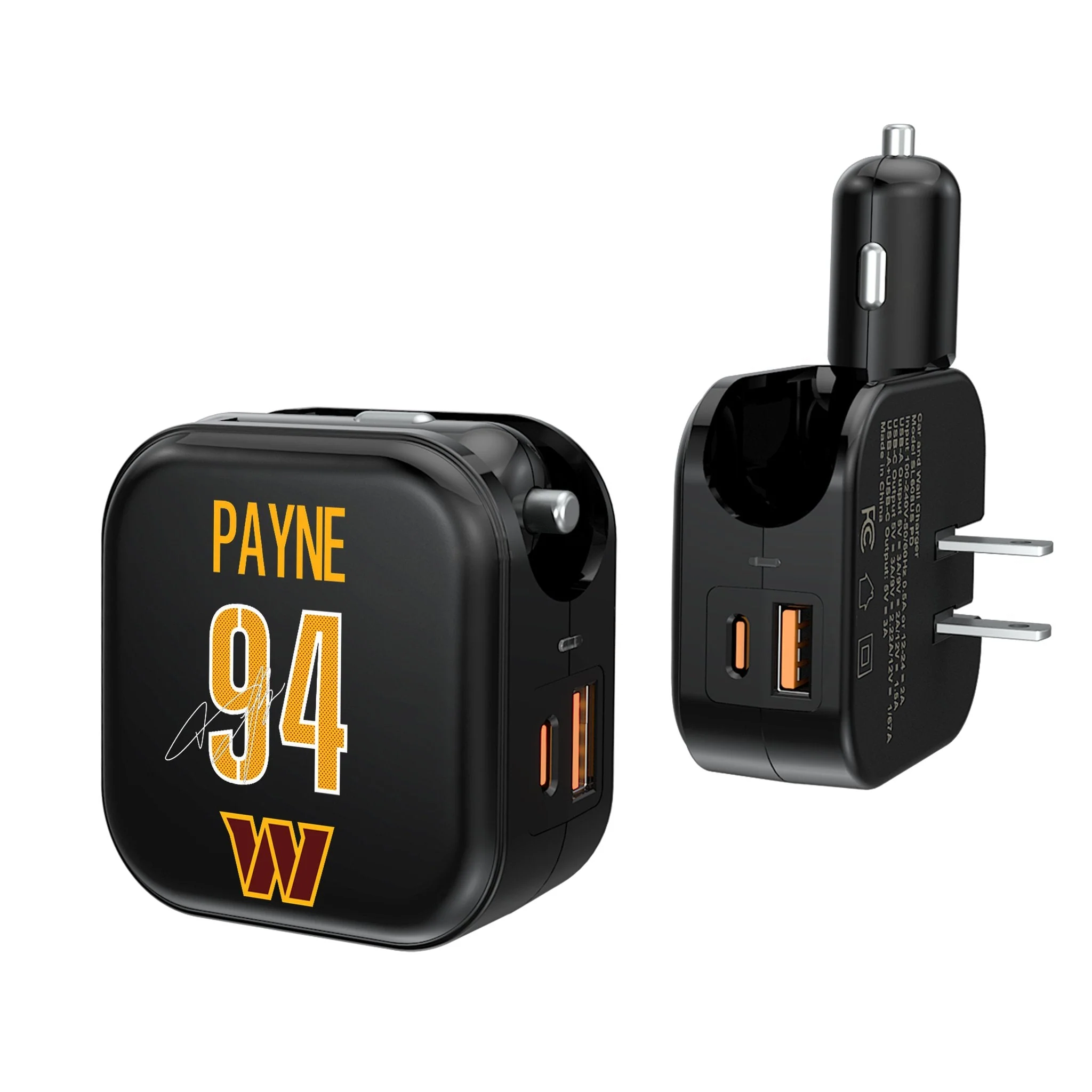 Daron Payne Washington Commanders 94 Ready 2 in 1 USB A/C Charger