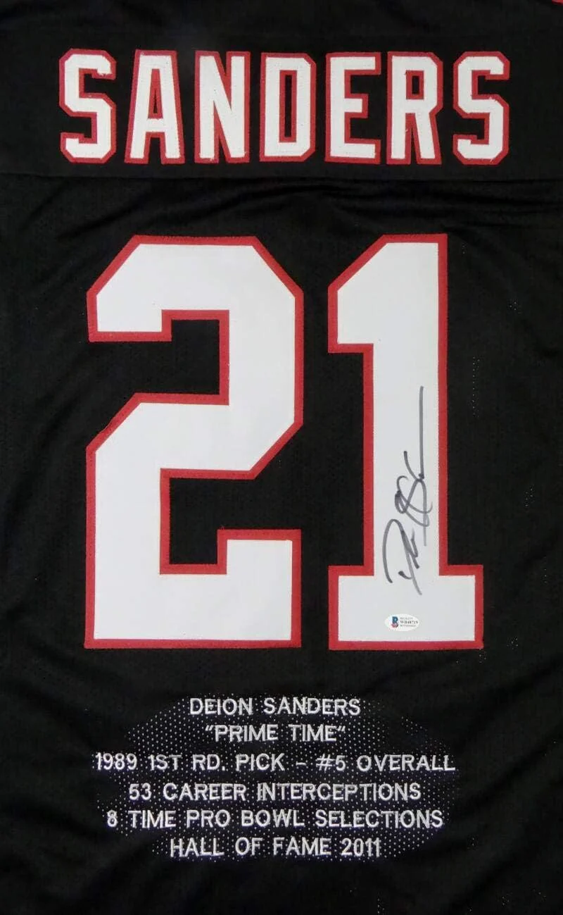 Deion Sanders Autographed Black Pro Style STAT Jersey- Beckett W *Black *1 - Image 3