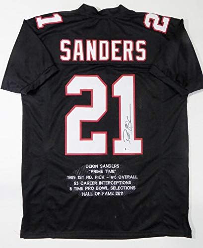 Deion Sanders Autographed Black Pro Style STAT Jersey- Beckett W *Black *1 - Image 4