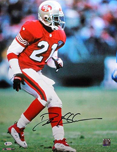 Deion Sanders Autographed SF 49ers 16x20 Backpedaling HM Photo- Beckett W Black
