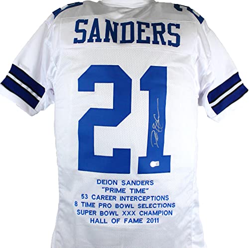 Deion Sanders Autographed White Pro STAT Style Jersey-Beckett W Hologram Silver