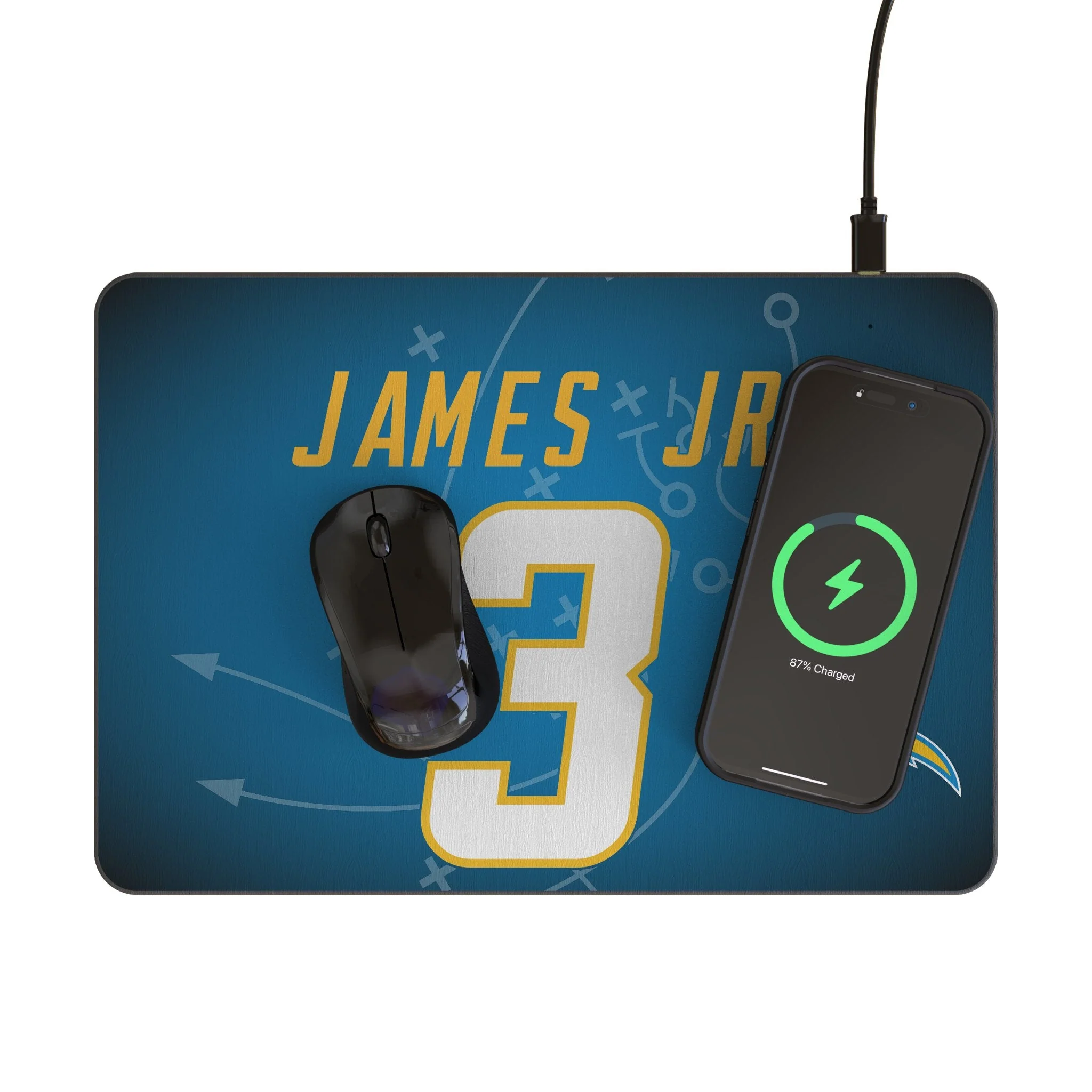 Derwin James Jr. Los Angeles Chargers 3 Game Tactic 15-Watt Wireless Charger and Mouse Pad - Image 2