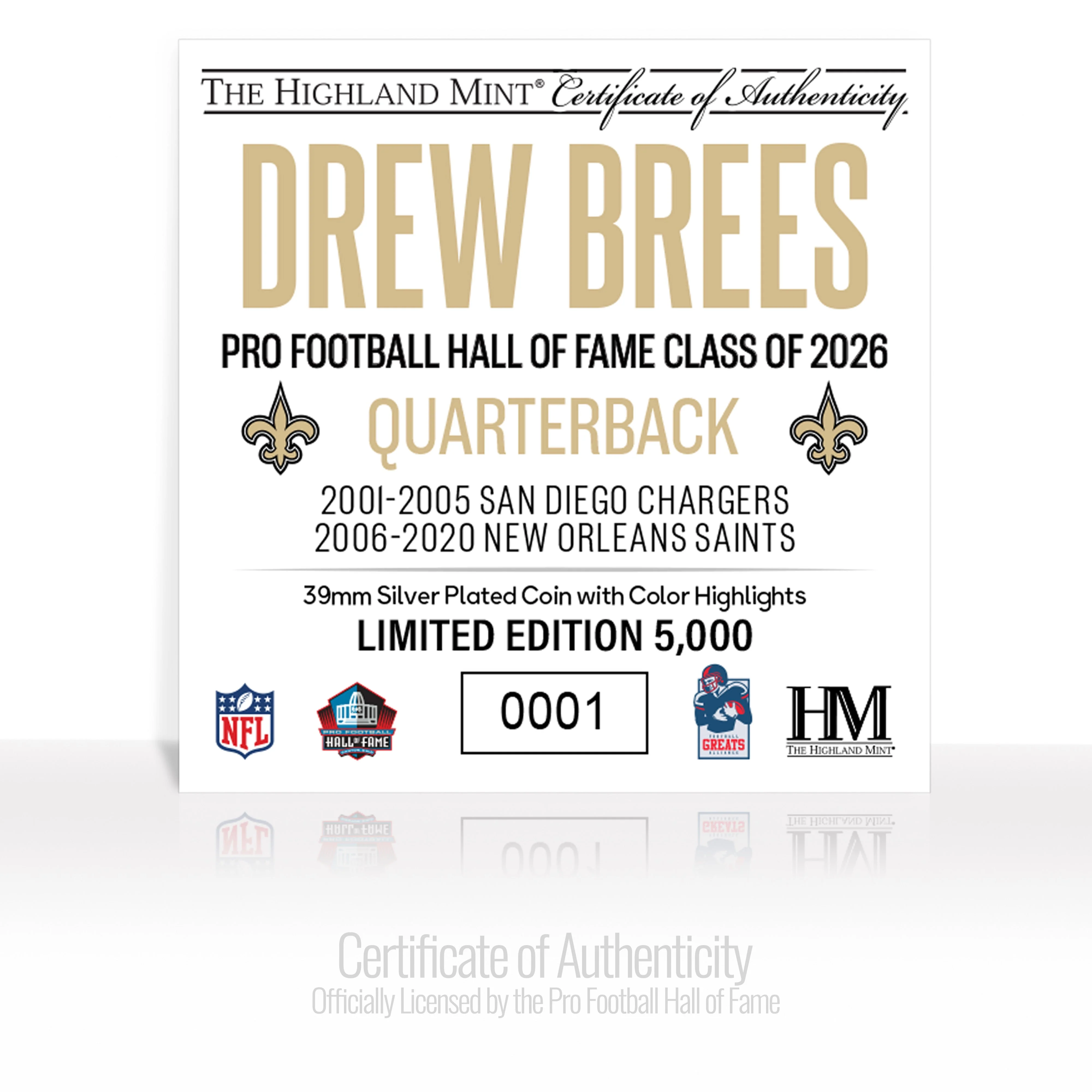 Drew Brees 2026 NFL Hall of Fame Induction Silver Plated Coin - Image 2