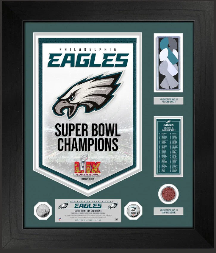 Eagles Super Bowl LIX Game Used Football and Confetti Championship Banner SE