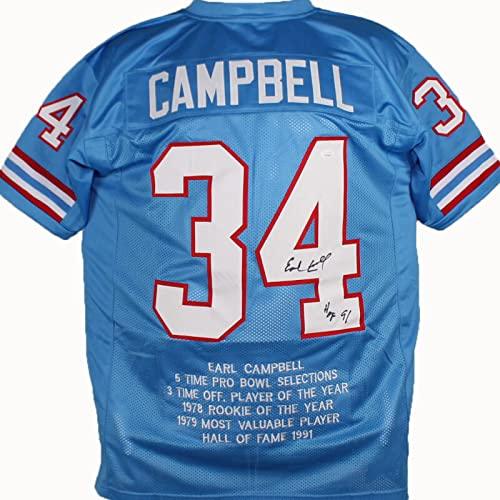 Earl Campbell Autographed Blue Pro Style Stat 4 Jersey With HOF- JSA W Black