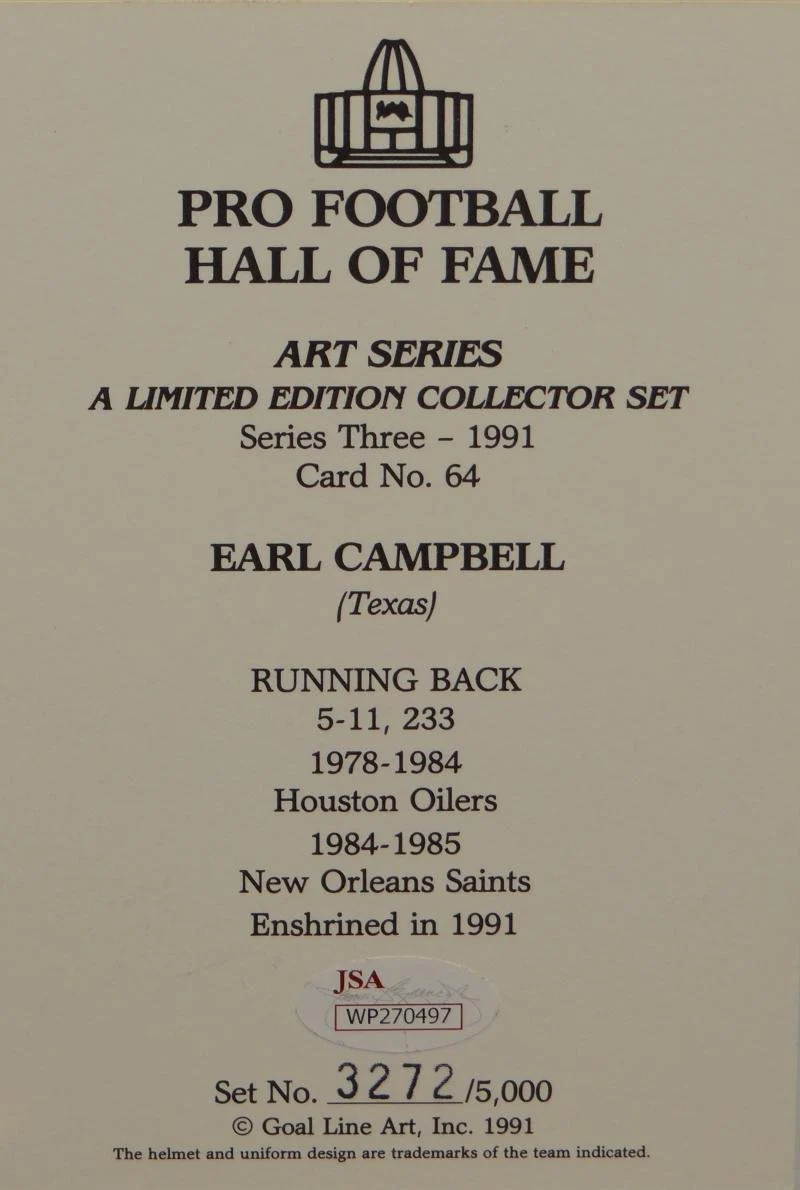 Earl Campbell Autographed Houston Oilers Goal Line Art Card W/HOF- JSA W Auth - Image 2