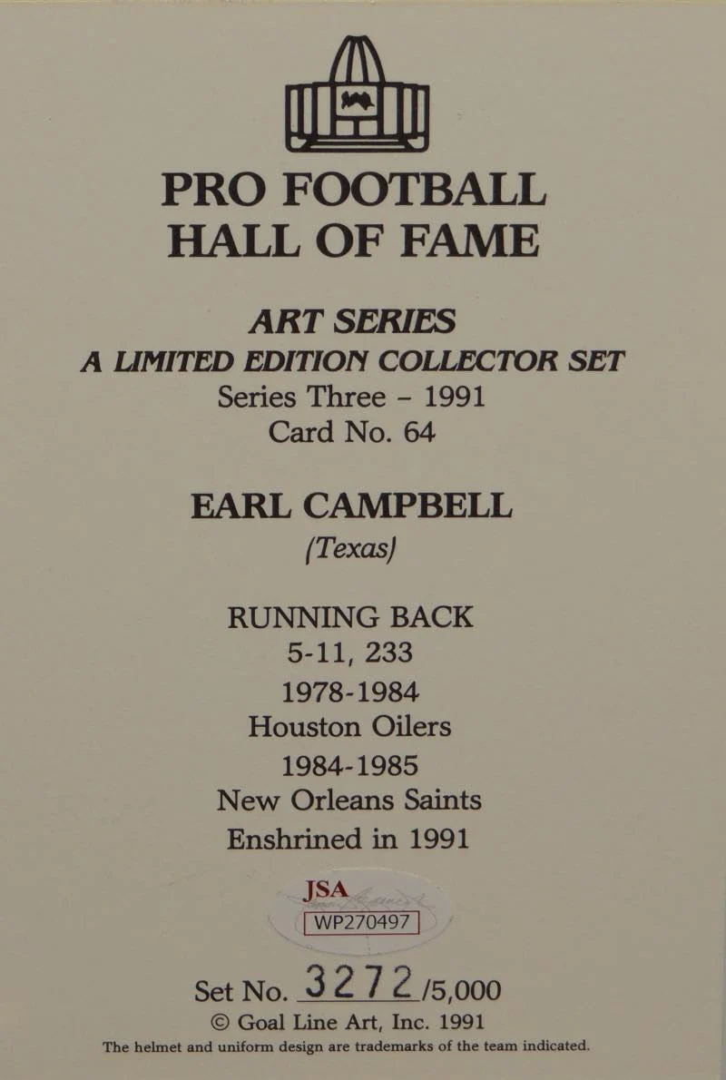 Earl Campbell Autographed Houston Oilers Goal Line Art Card W/HOF- JSA W Auth - Image 6