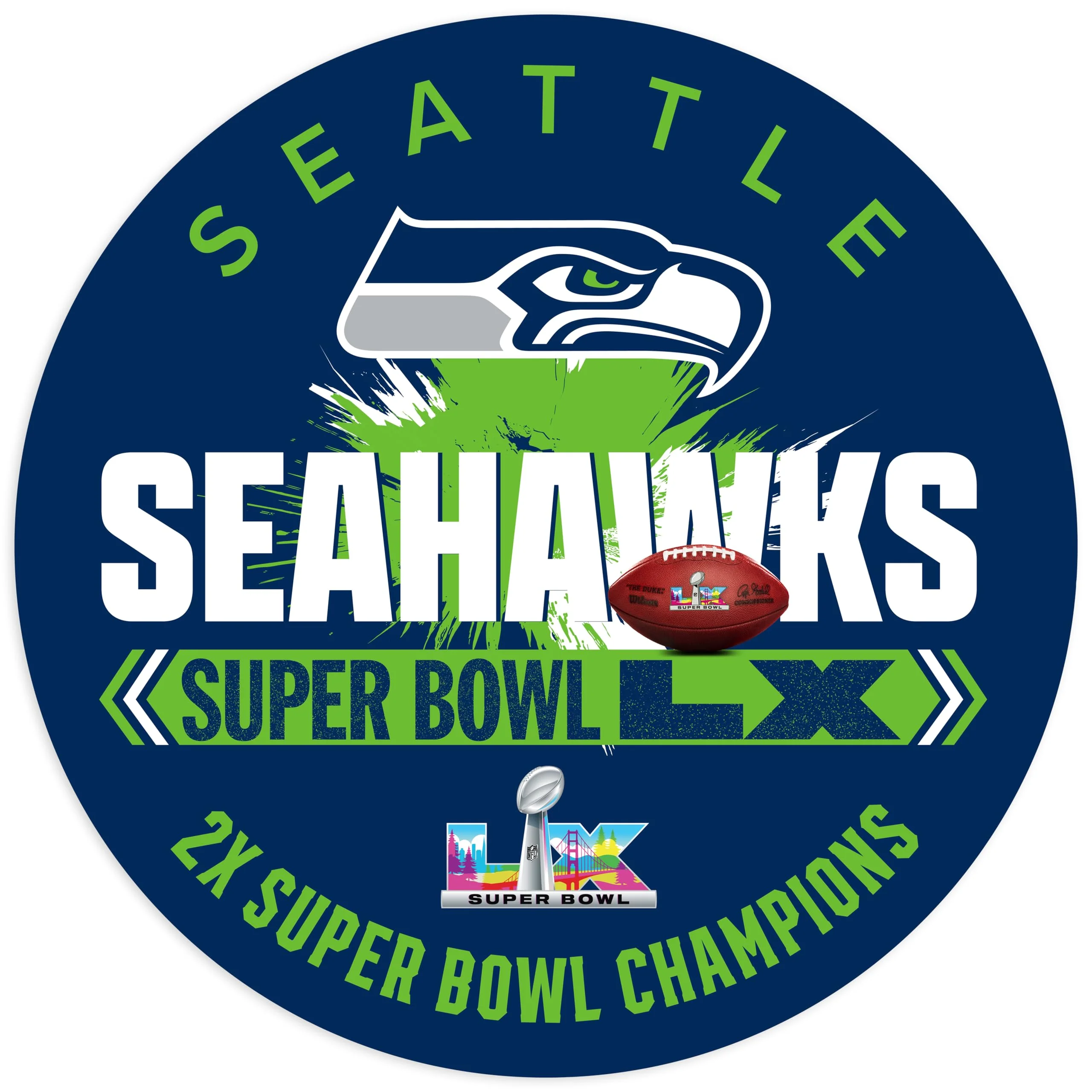 Fan Creations NFL Seattle Seahawks Super Bowl LX Champions Sign - 12" Round MDF Wood Wall Decor - Official 2026 Championship Commemorative Plaque for Man Cave, Office, Home