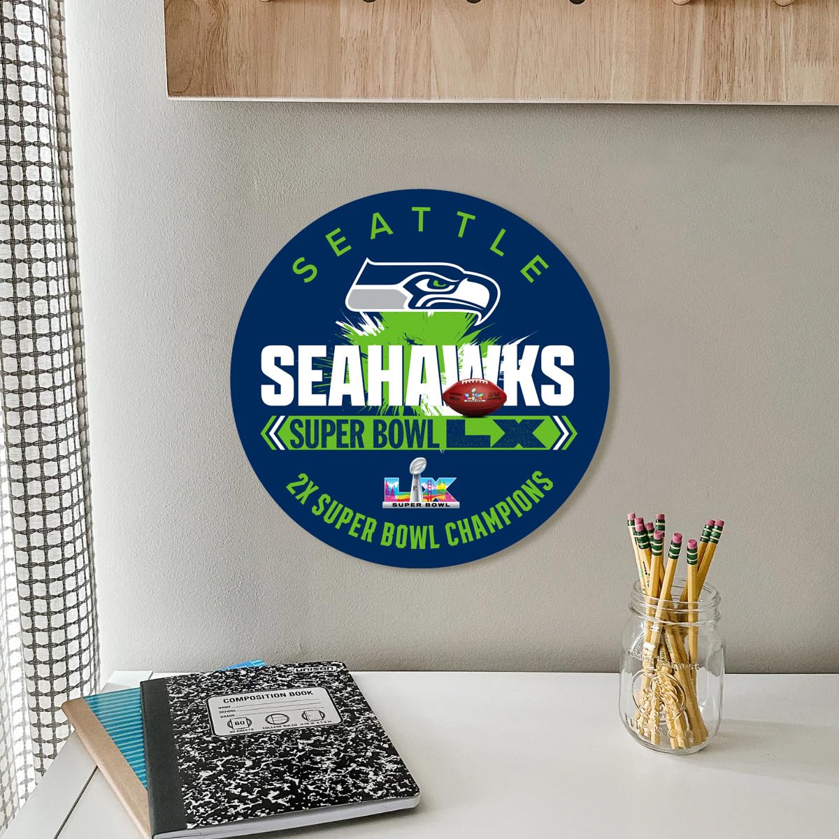 Fan Creations NFL Seattle Seahawks Super Bowl LX Champions Sign - 12" Round MDF Wood Wall Decor - Official 2026 Championship Commemorative Plaque for Man Cave, Office, Home - Image 2
