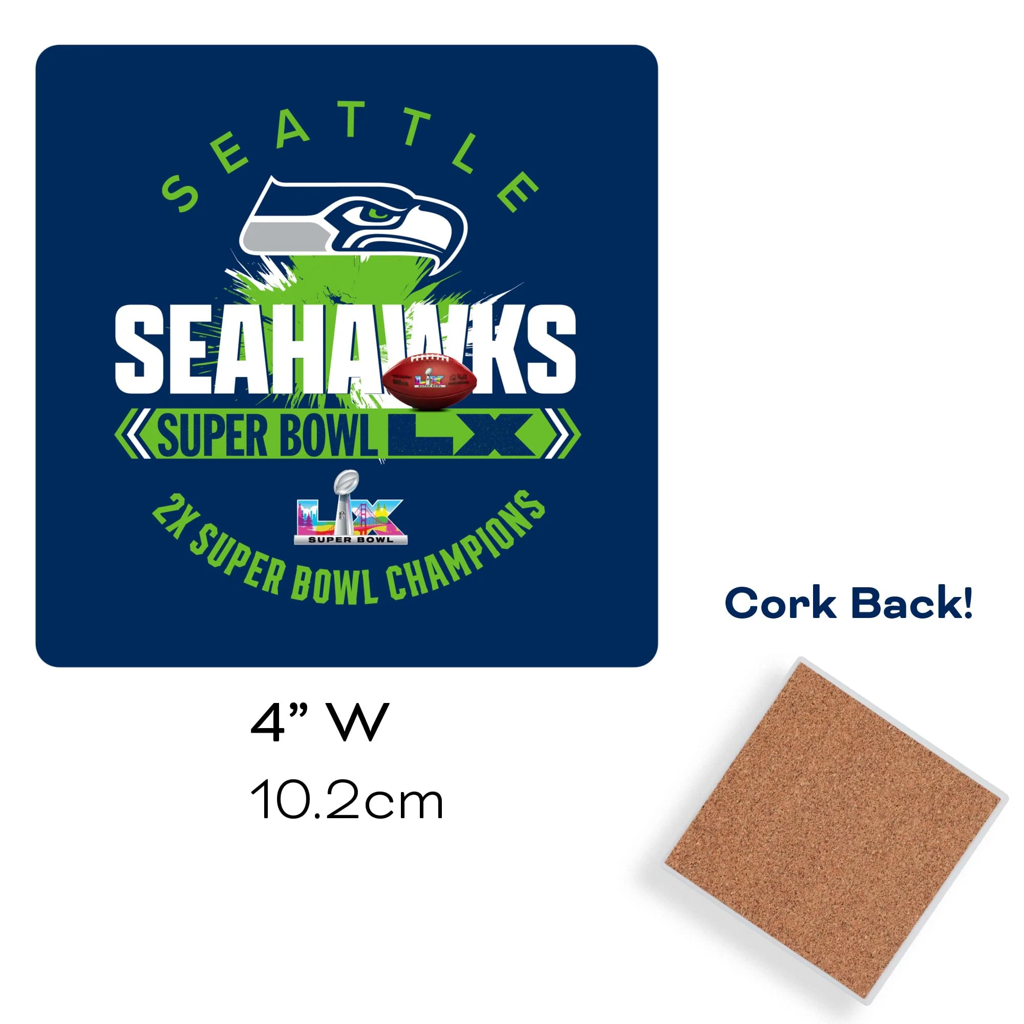 Fan Creations Seattle Seahawks Super Bowl LX Champions Coaster Set - Absorbent Ceramic Stone Drink Coasters with Cork Backing - Commemorative NFL Home & Man Cave Decor - 4-Pack - Image 3