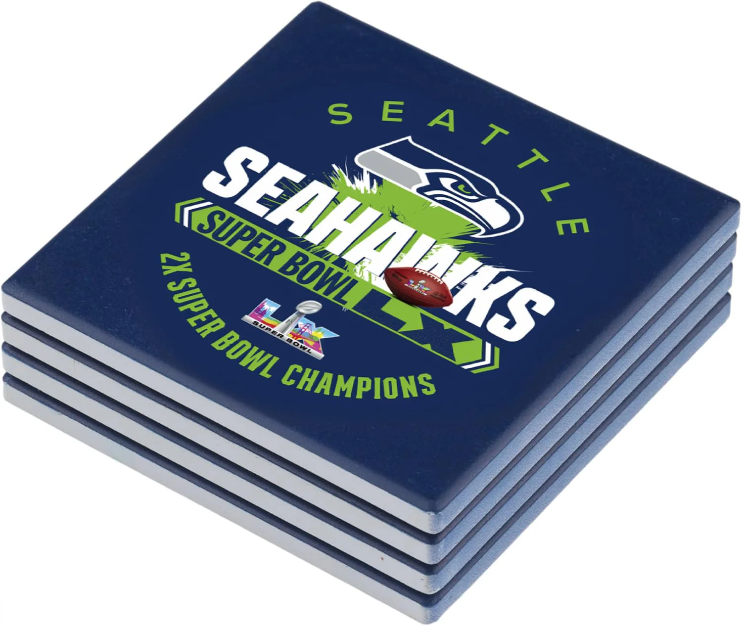 Fan Creations Seattle Seahawks Super Bowl LX Champions Coaster Set - Absorbent Ceramic Stone Drink Coasters with Cork Backing - Commemorative NFL Home & Man Cave Decor - 4-Pack - Image 5
