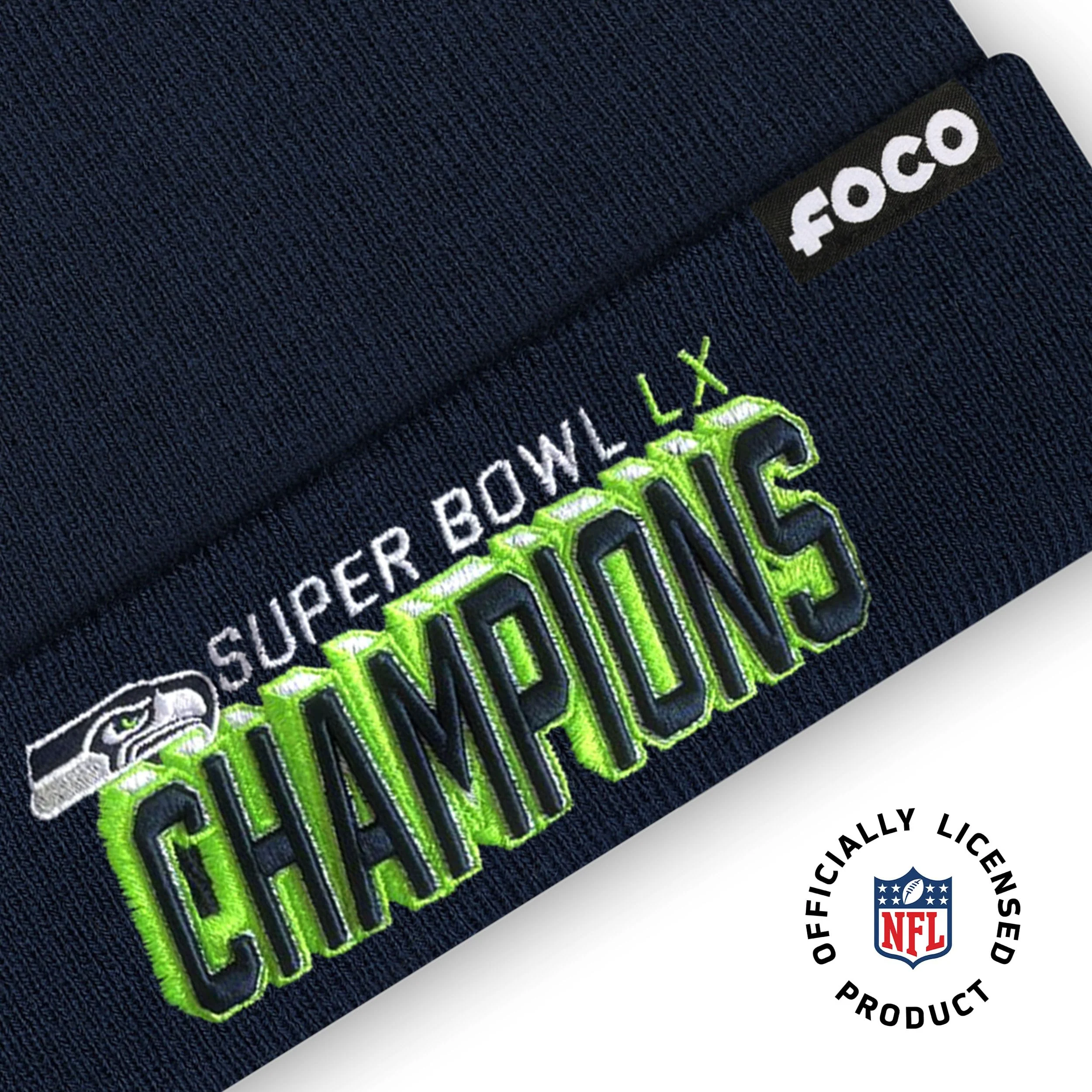 FOCO Seattle Seahawks NFL Super Bowl LX Champions Basic Primary Logo Pom Beanie - Image 2