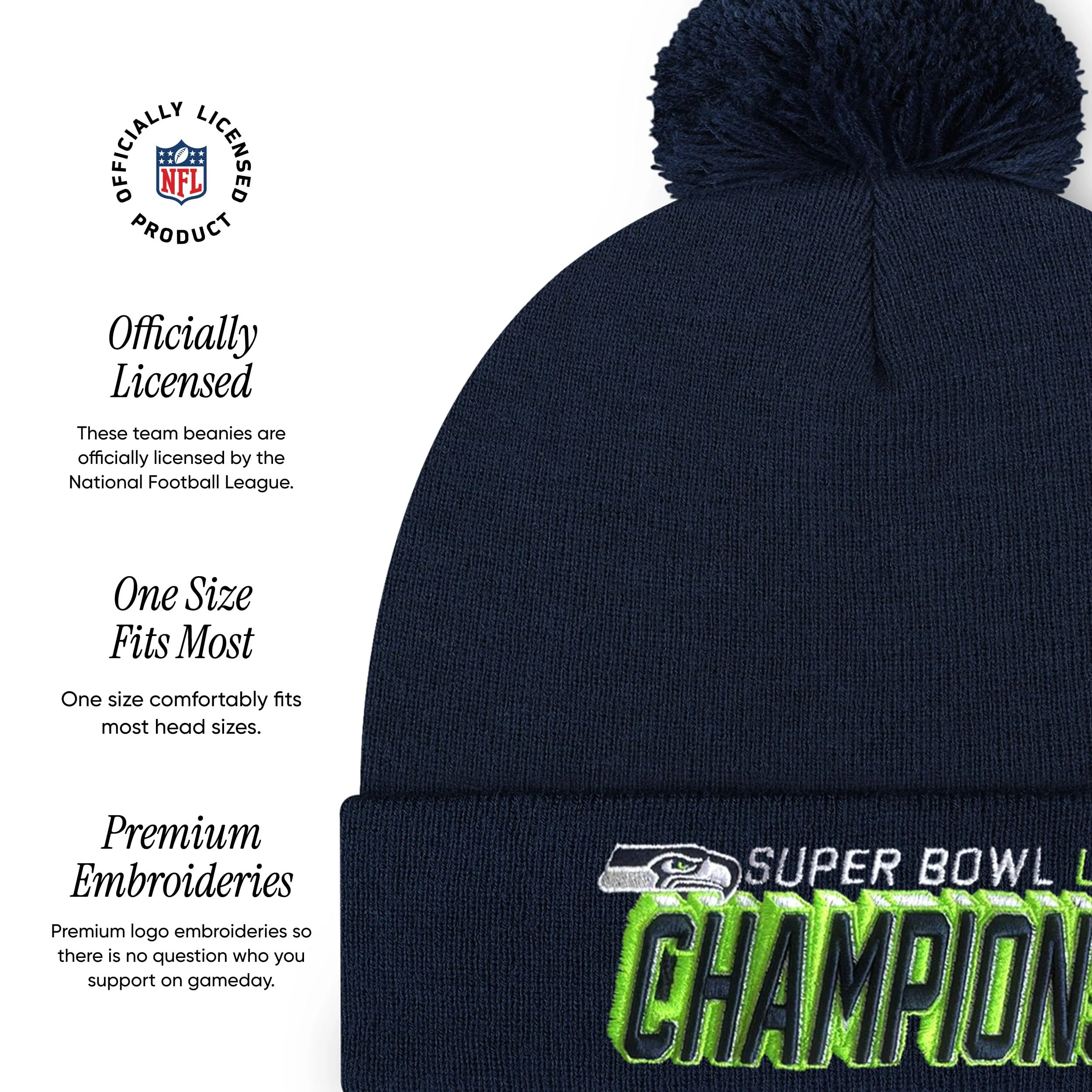 FOCO Seattle Seahawks NFL Super Bowl LX Champions Basic Primary Logo Pom Beanie - Image 4