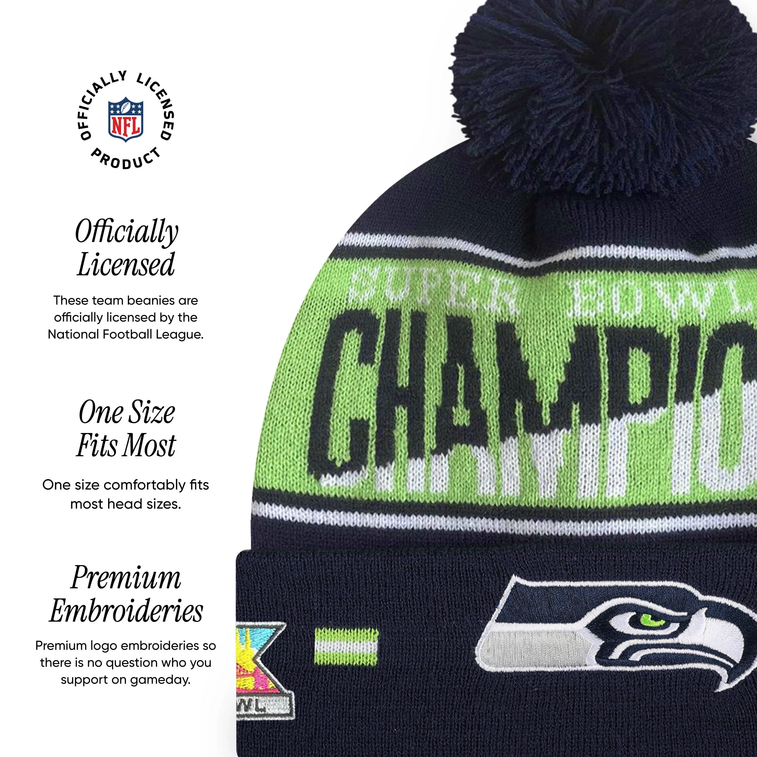 FOCO Seattle Seahawks NFL Super Bowl LX Champions Big Wordmark Stripe Pom Beanie - Image 3