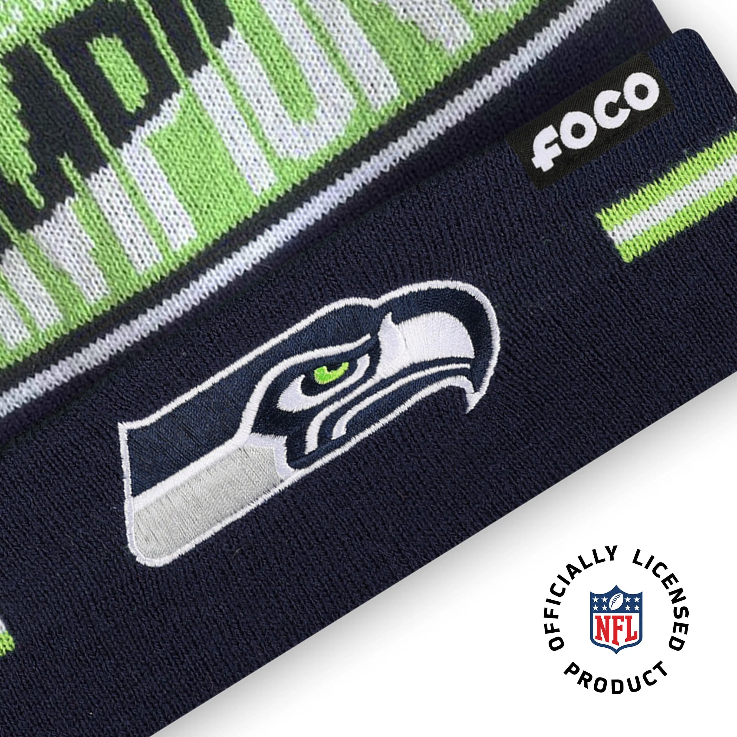 FOCO Seattle Seahawks NFL Super Bowl LX Champions Big Wordmark Stripe Pom Beanie - Image 4
