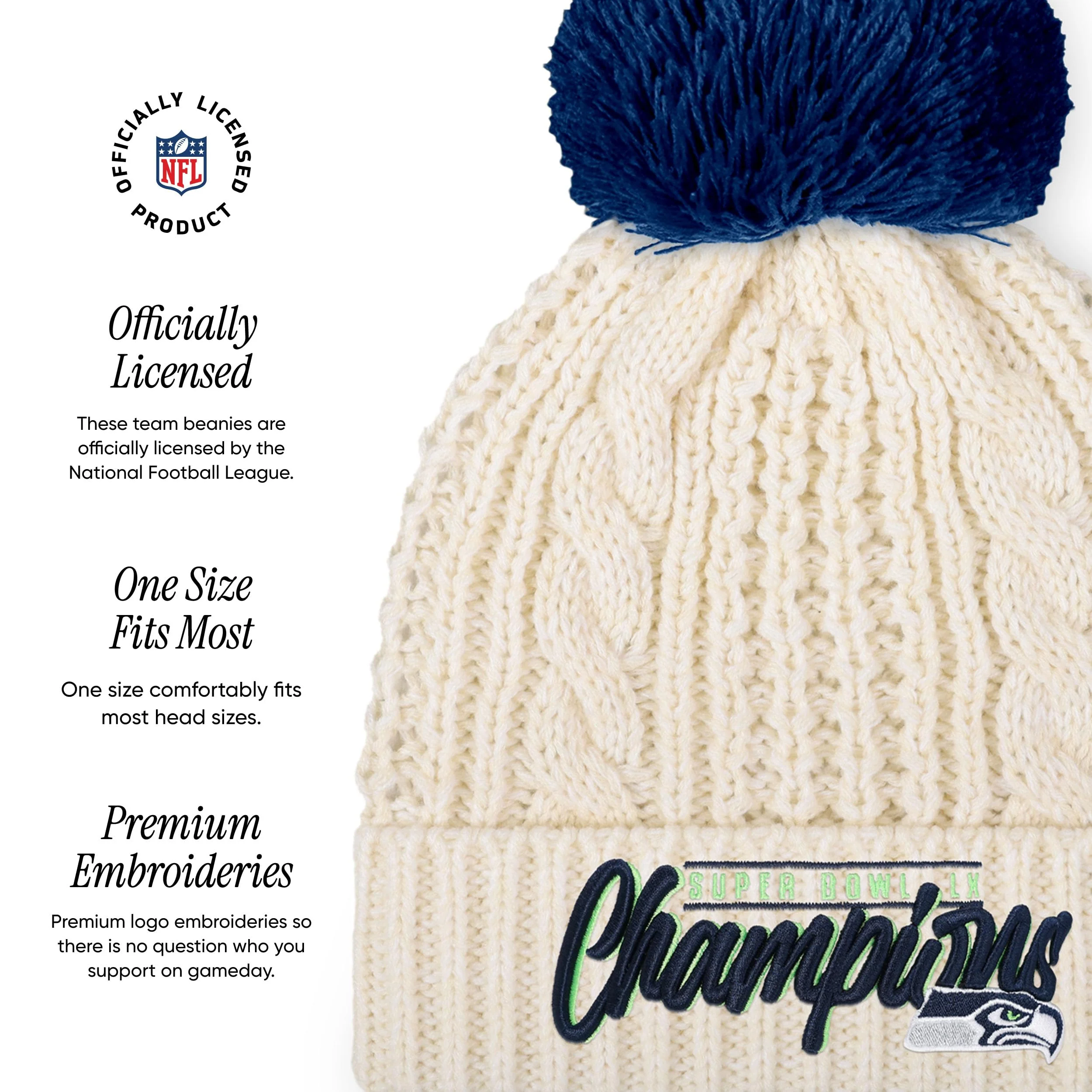 FOCO Seattle Seahawks NFL Super Bowl LX Champions Primary Logo White Cable Knit Pom Beanie - Image 2