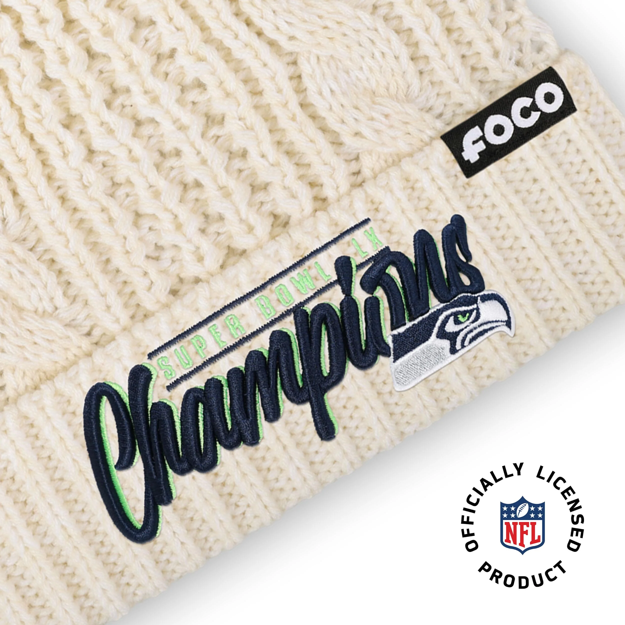 FOCO Seattle Seahawks NFL Super Bowl LX Champions Primary Logo White Cable Knit Pom Beanie - Image 4