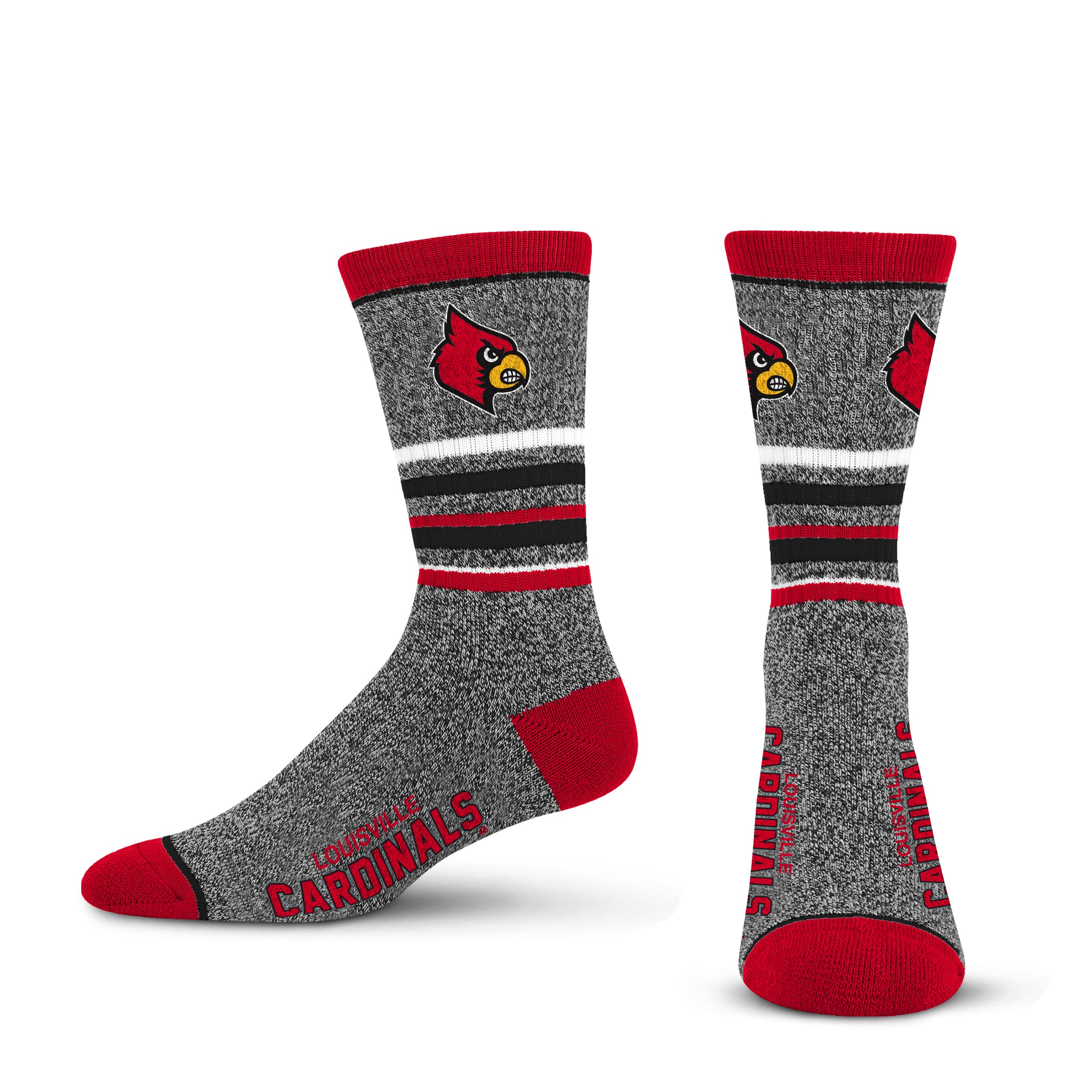For Bare Feet Mens NCAA Louisville Cardinals 5 Star Crew Sock Marble Grey Large