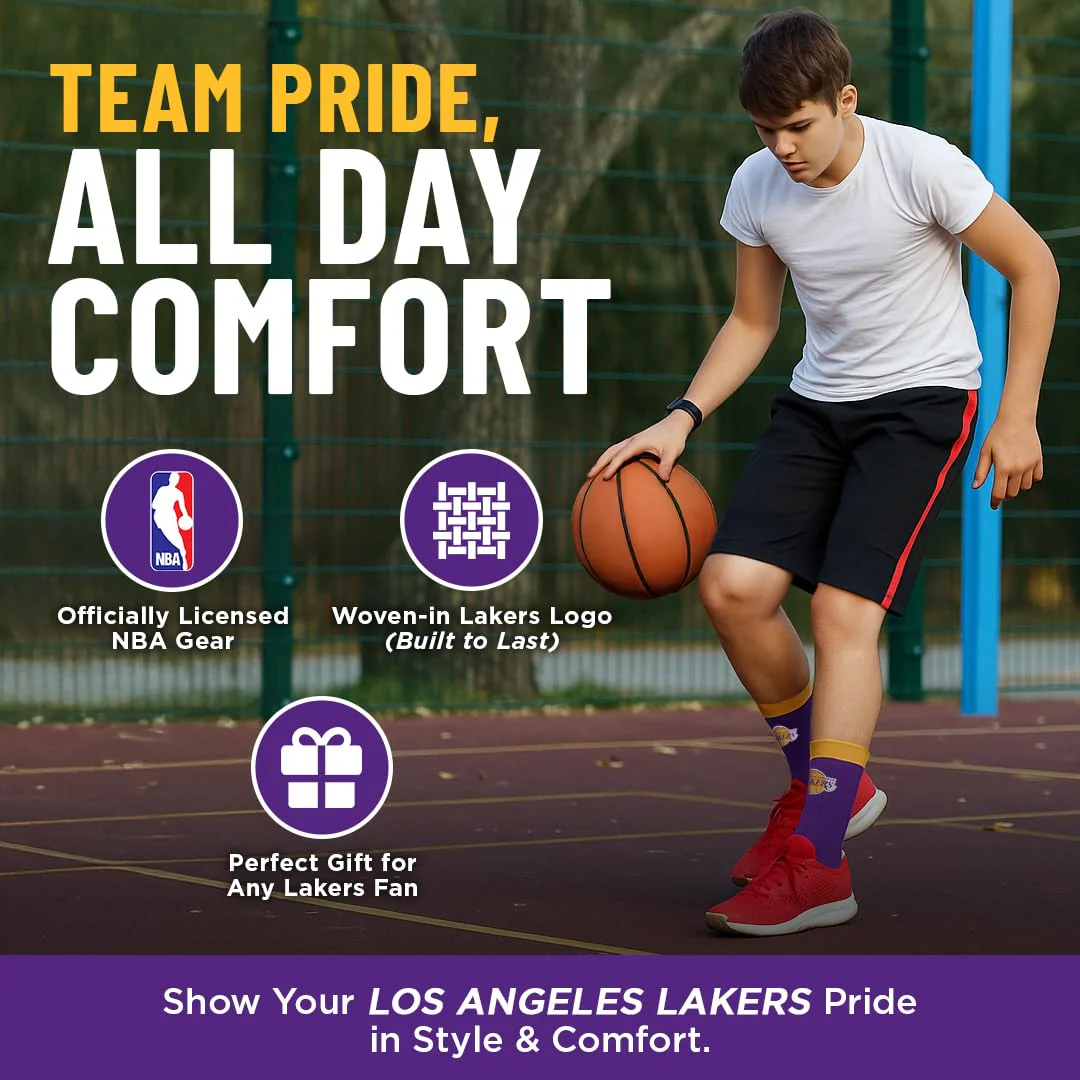 For Bare Feet NBA LOS ANGELES LAKERS MVP Crew Sock Team Color Large - Image 8