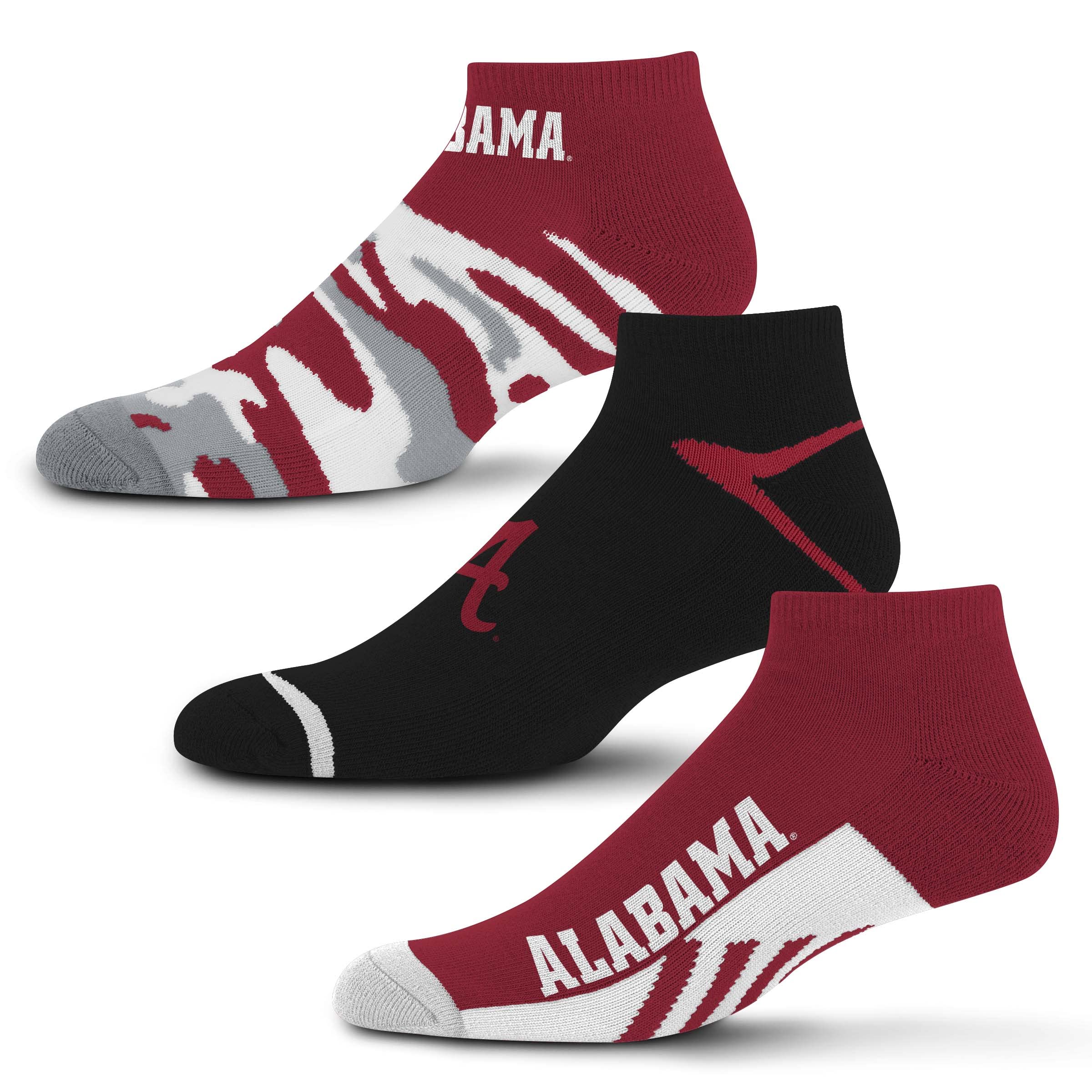 For Bare Feet NCAA Alabama Crimson Tide CAMO BOOM 3 Pack Ankle Sock Team Colors Large