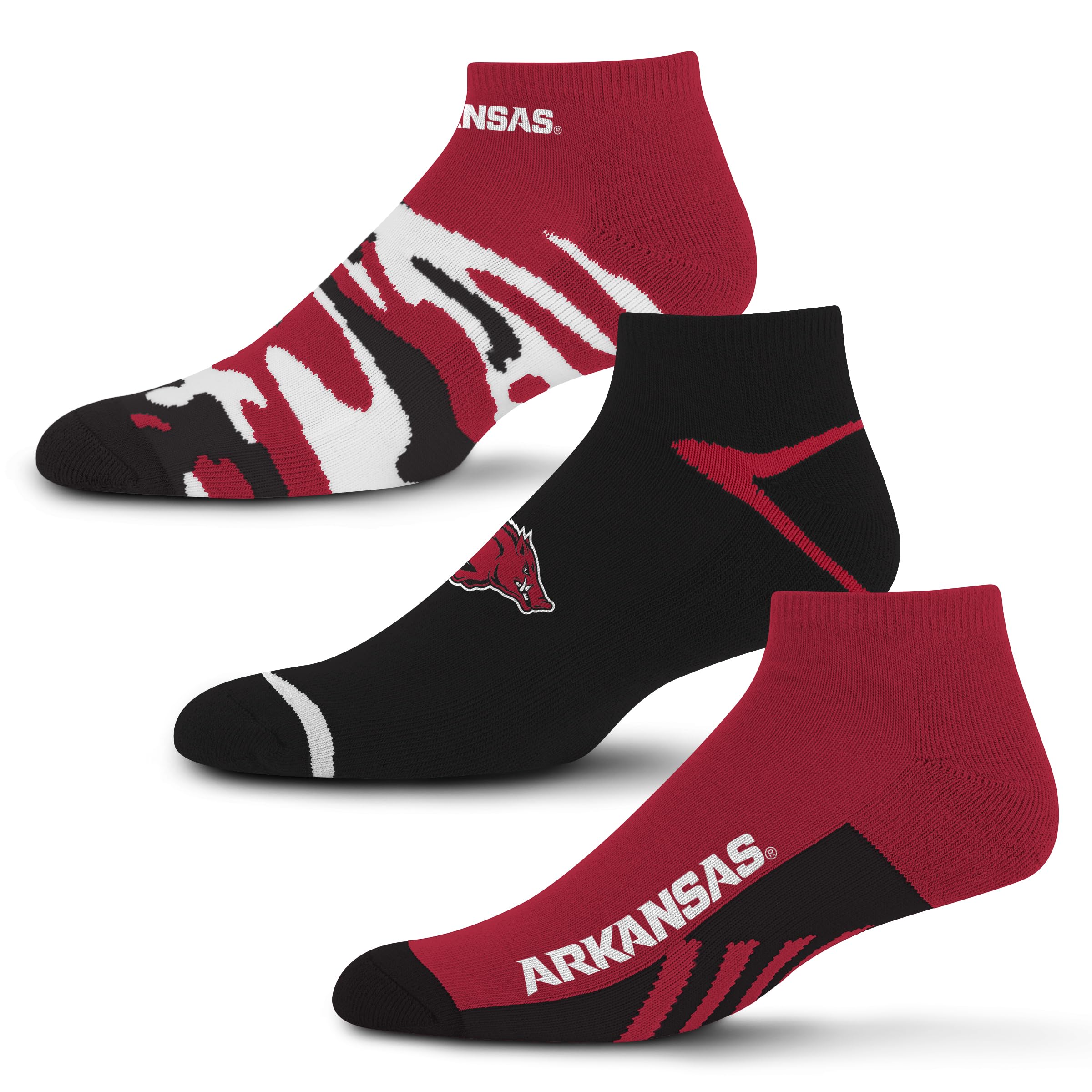 For Bare Feet NCAA Arkansas Razorbacks CAMO BOOM 3 Pack Ankle Sock Team Colors Large