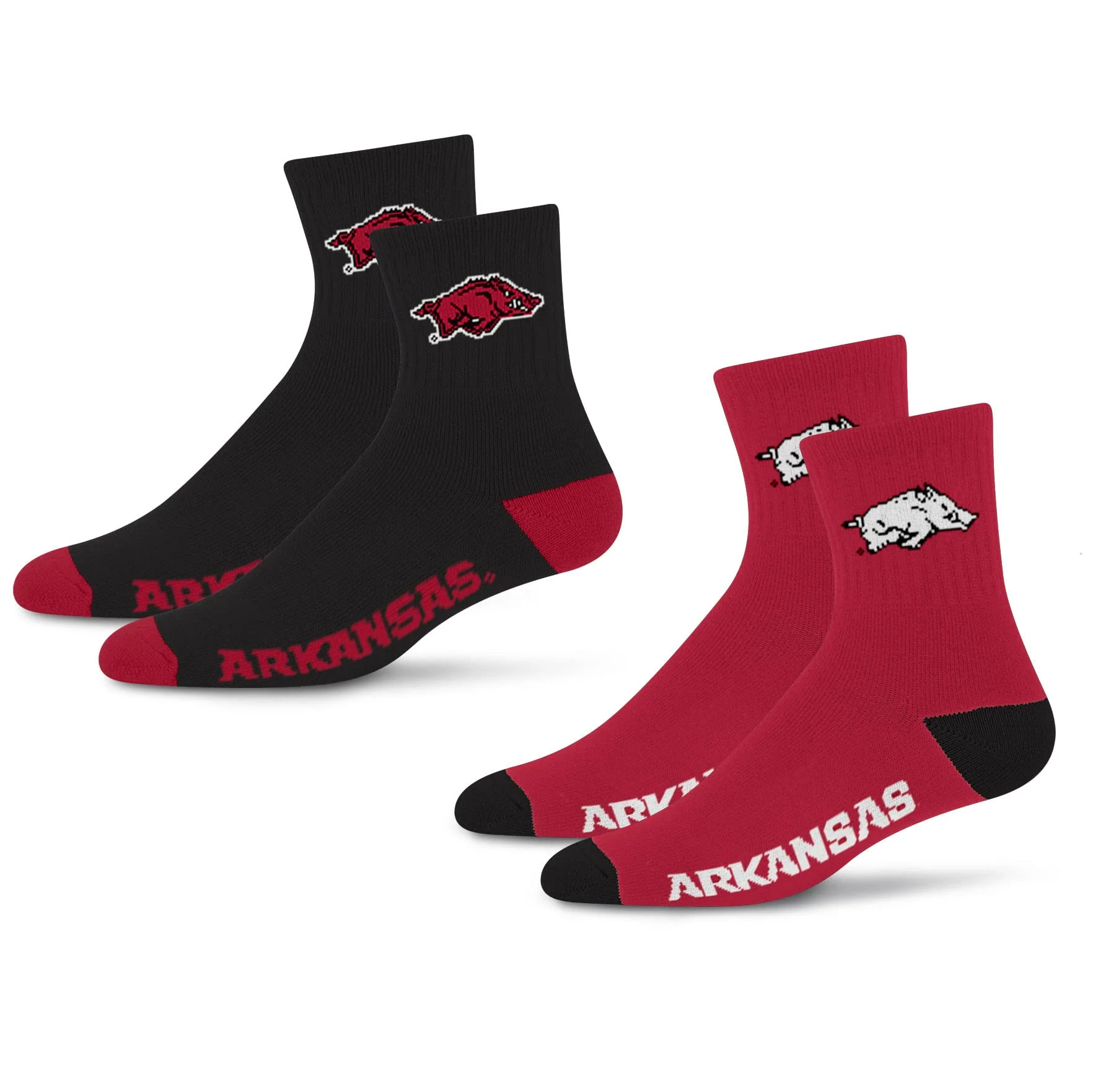 For Bare Feet NCAA Arkansas Razorbacks Quarter Sock Two Pack Team Colors Large