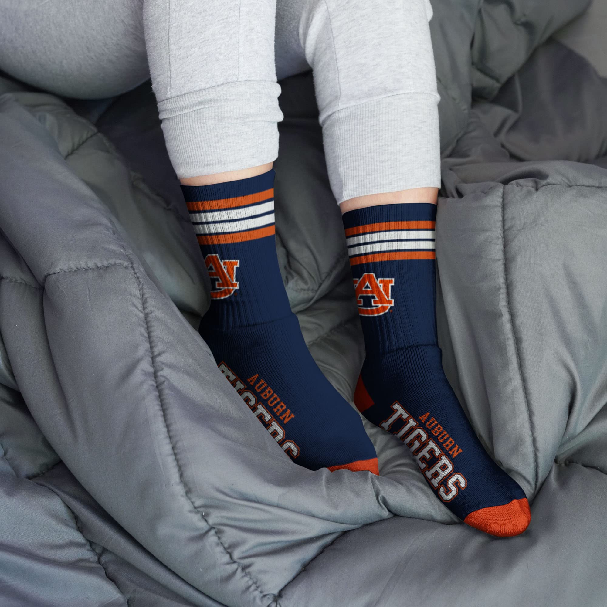 For Bare Feet NCAA Auburn Tigers 4 Stripe Deuce Crew Sock Team Color LARGE - Image 2