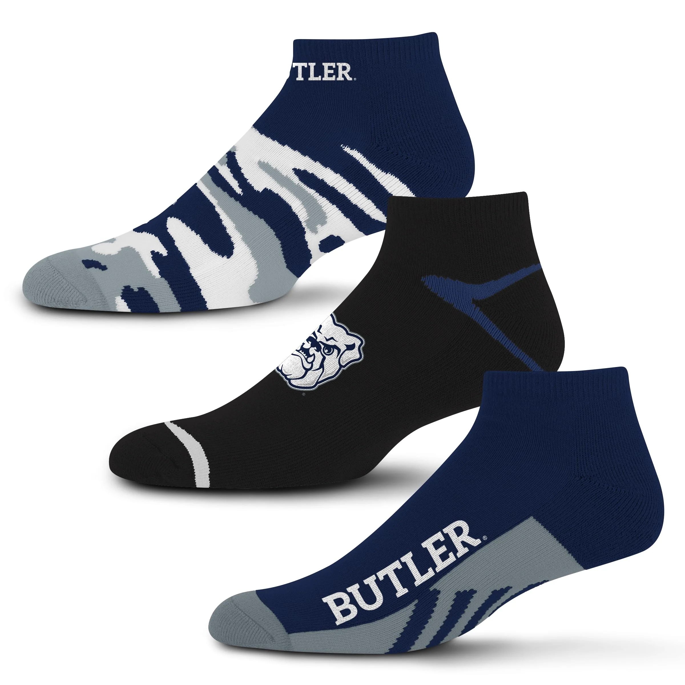 For Bare Feet NCAA Butler Bulldogs CAMO BOOM 3 Pack Ankle Sock Team Colors Large
