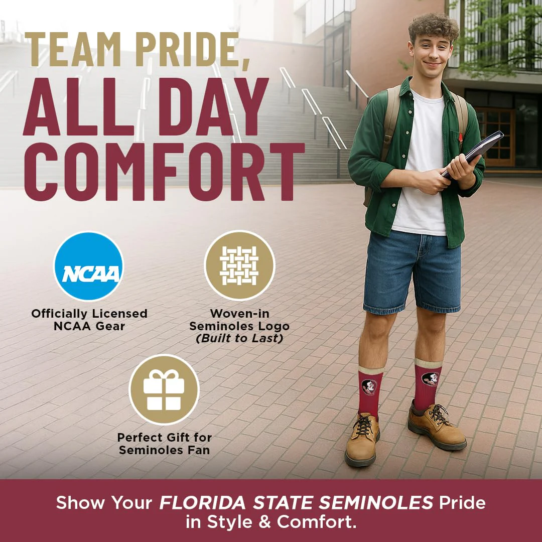 For Bare Feet NCAA FLORIDA STATE SEMINOLES MVP Crew Sock Team Color Large - Image 7