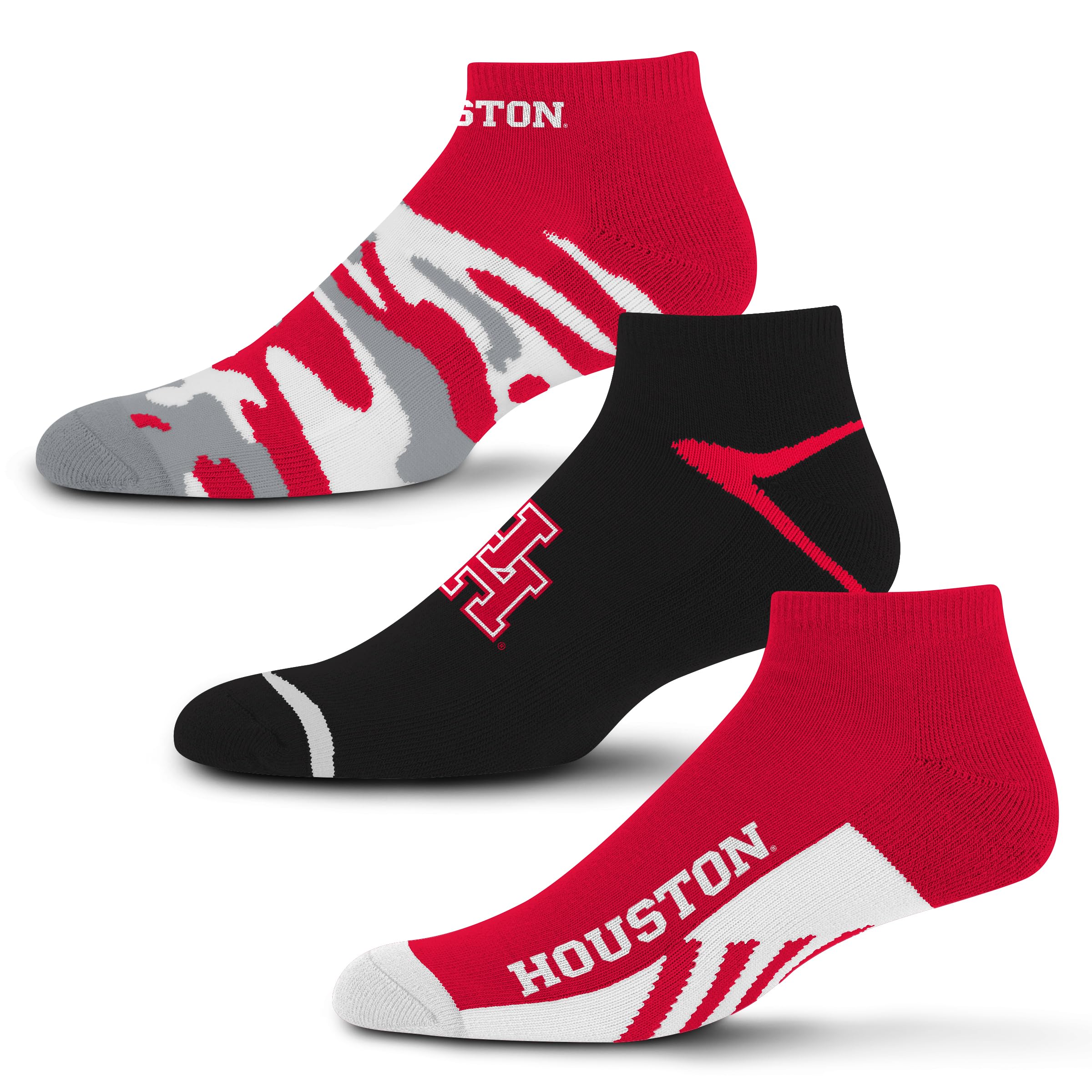 For Bare Feet NCAA Houston Cougars CAMO BOOM 3 Pack Ankle Sock Team Colors Large