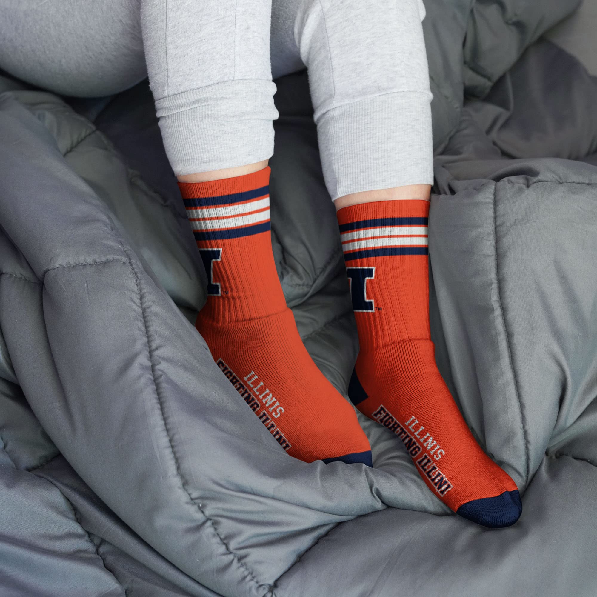 For Bare Feet NCAA Illinois Fighting Illini 4 Stripe Deuce Crew Sock Team Color MEDIUM - Image 2