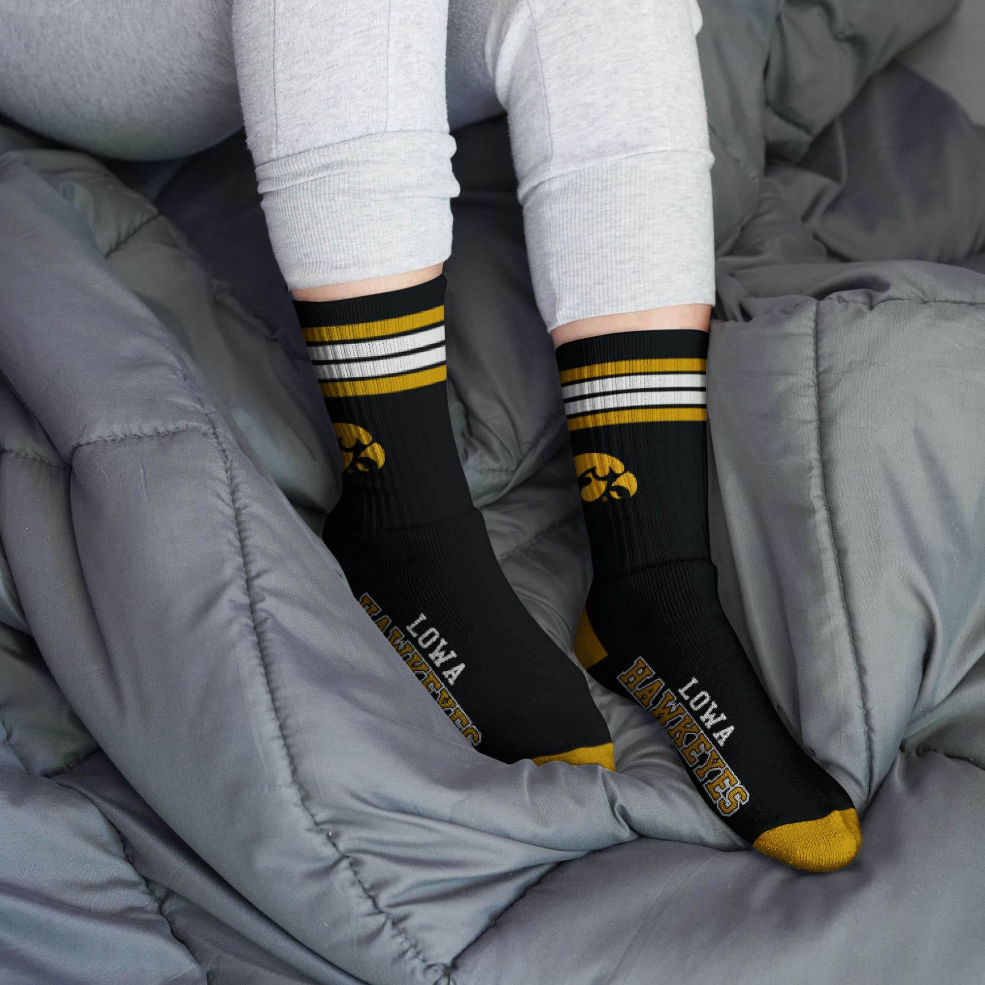 For Bare Feet NCAA Iowa Hawkeyes 4 Stripe Deuce Crew Sock Team Color MEDIUM - Image 2