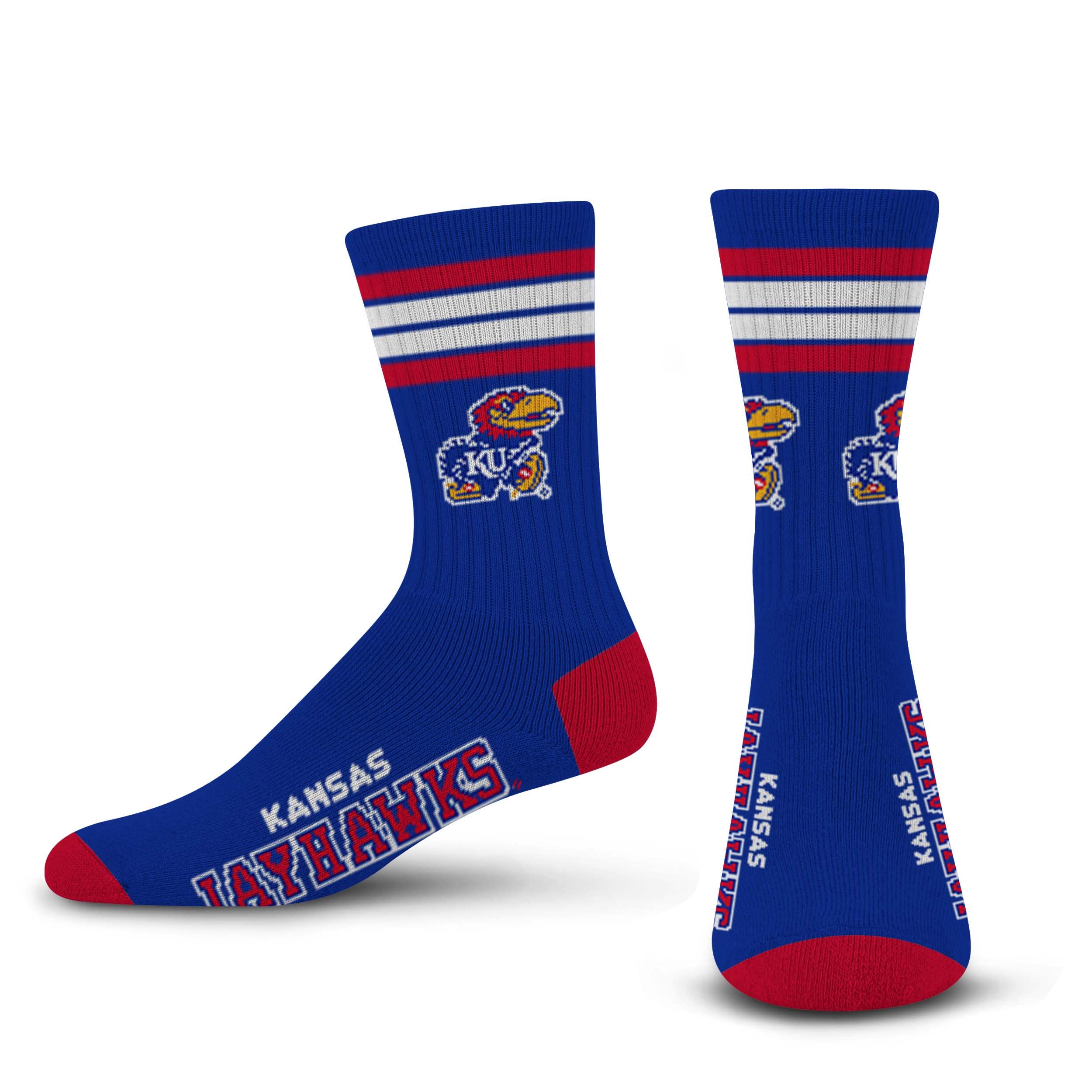 For Bare Feet NCAA Kansas Jayhawks 4 Stripe Deuce Crew Sock Team Color MEDIUM