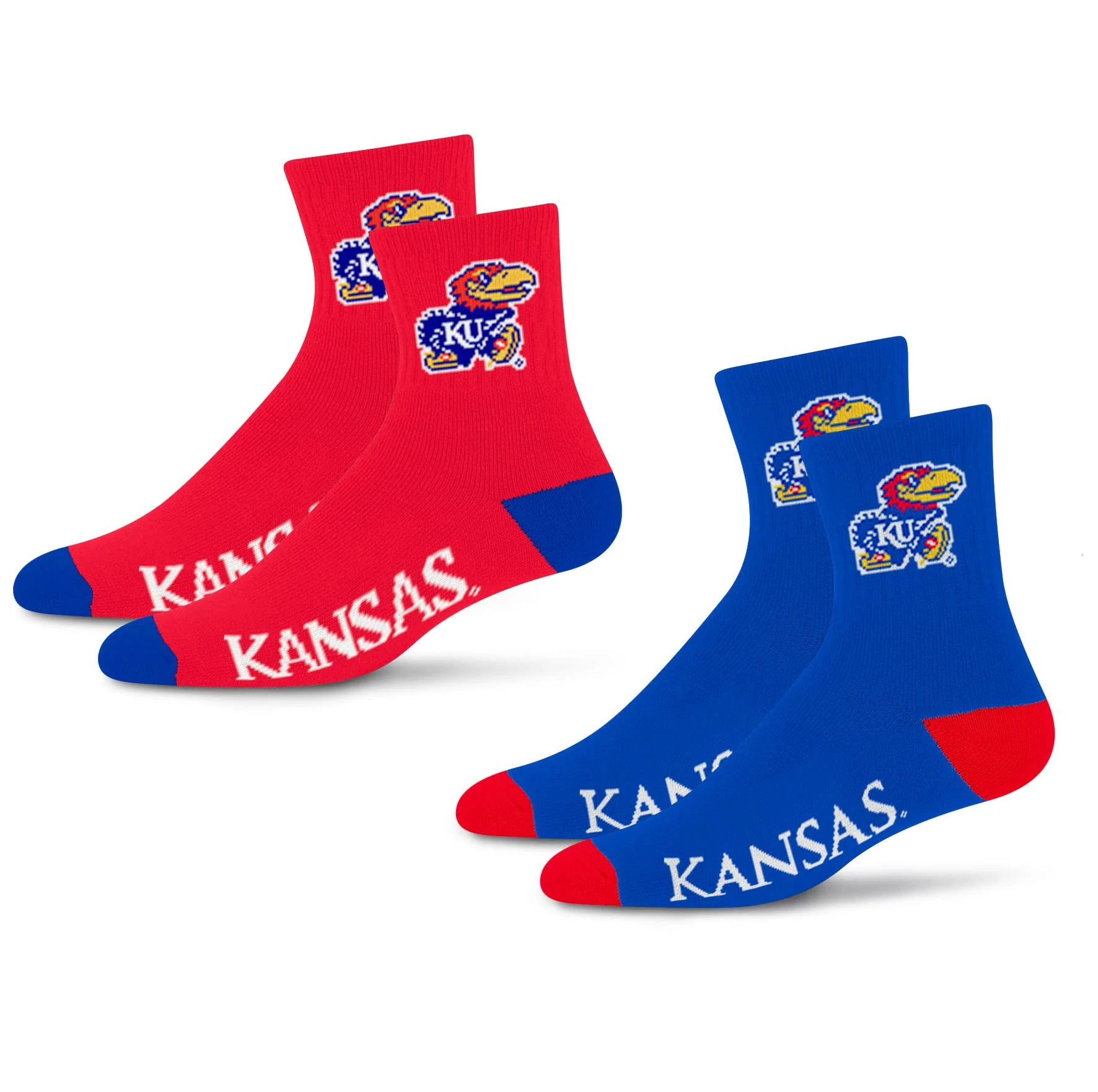 For Bare Feet NCAA Kansas Jayhawks Quarter Sock Two Pack Team Colors Large