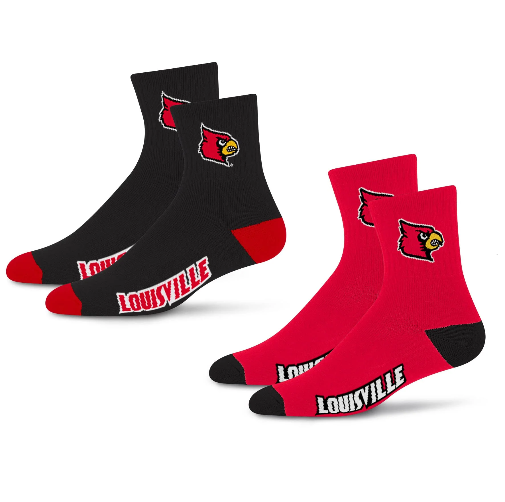 For Bare Feet NCAA Louisville Cardinals Quarter Sock Two Pack Team Colors Large