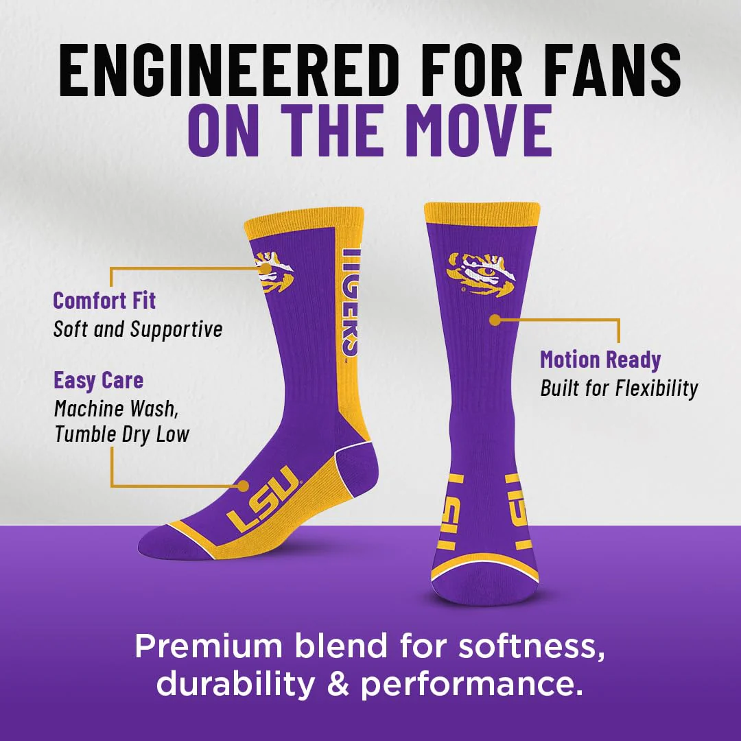 For Bare Feet NCAA LSU TIGERS MVP Crew Sock Team Color Large - Image 6