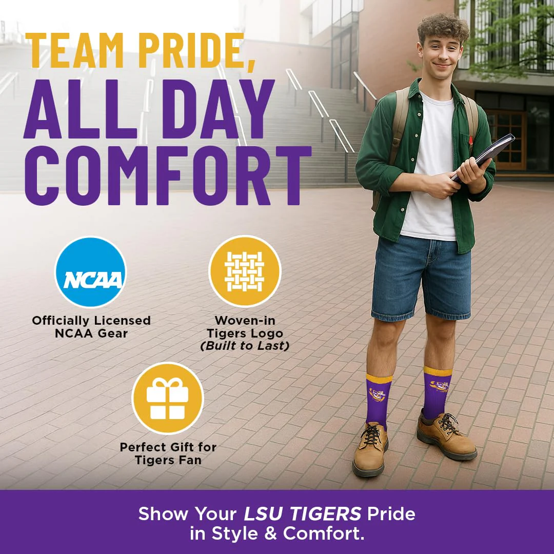 For Bare Feet NCAA LSU TIGERS MVP Crew Sock Team Color Large - Image 7