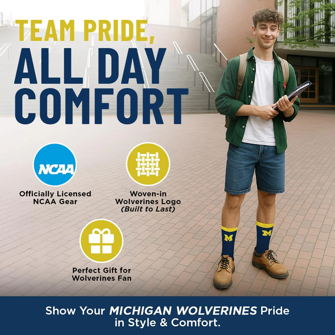 For Bare Feet NCAA MICHIGAN WOLVERINES MVP Crew Sock Team Color Large - Image 7
