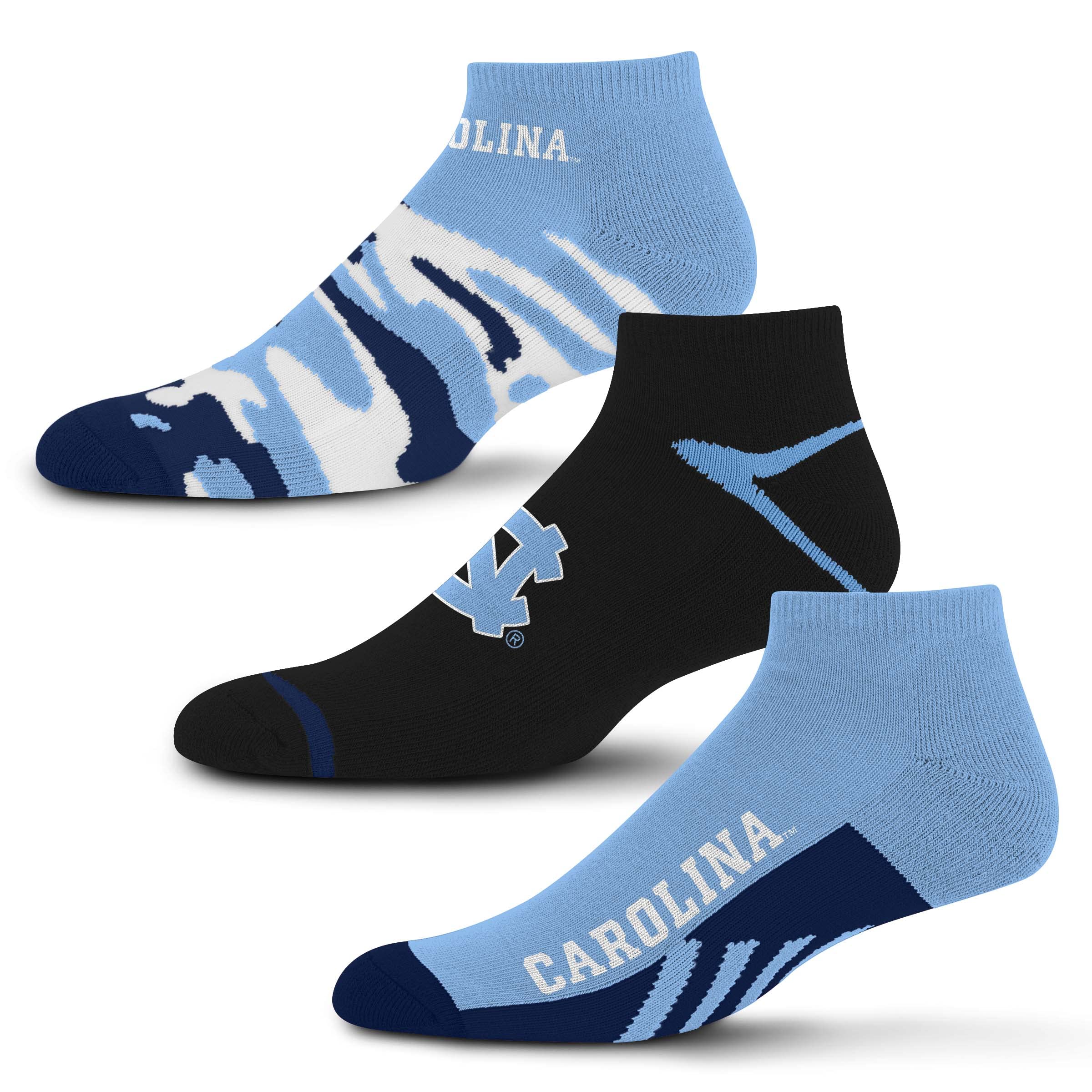 For Bare Feet NCAA North Carolina Tar Heels CAMO BOOM 3 Pack Ankle Sock Team Colors Large