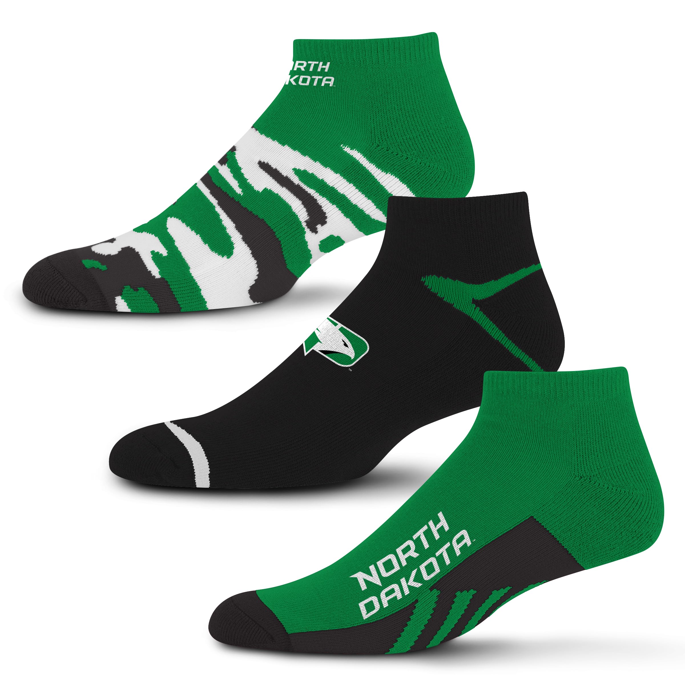 For Bare Feet NCAA North Dakota Fighting Hawks CAMO BOOM 3 Pack Ankle Sock Team Colors Large