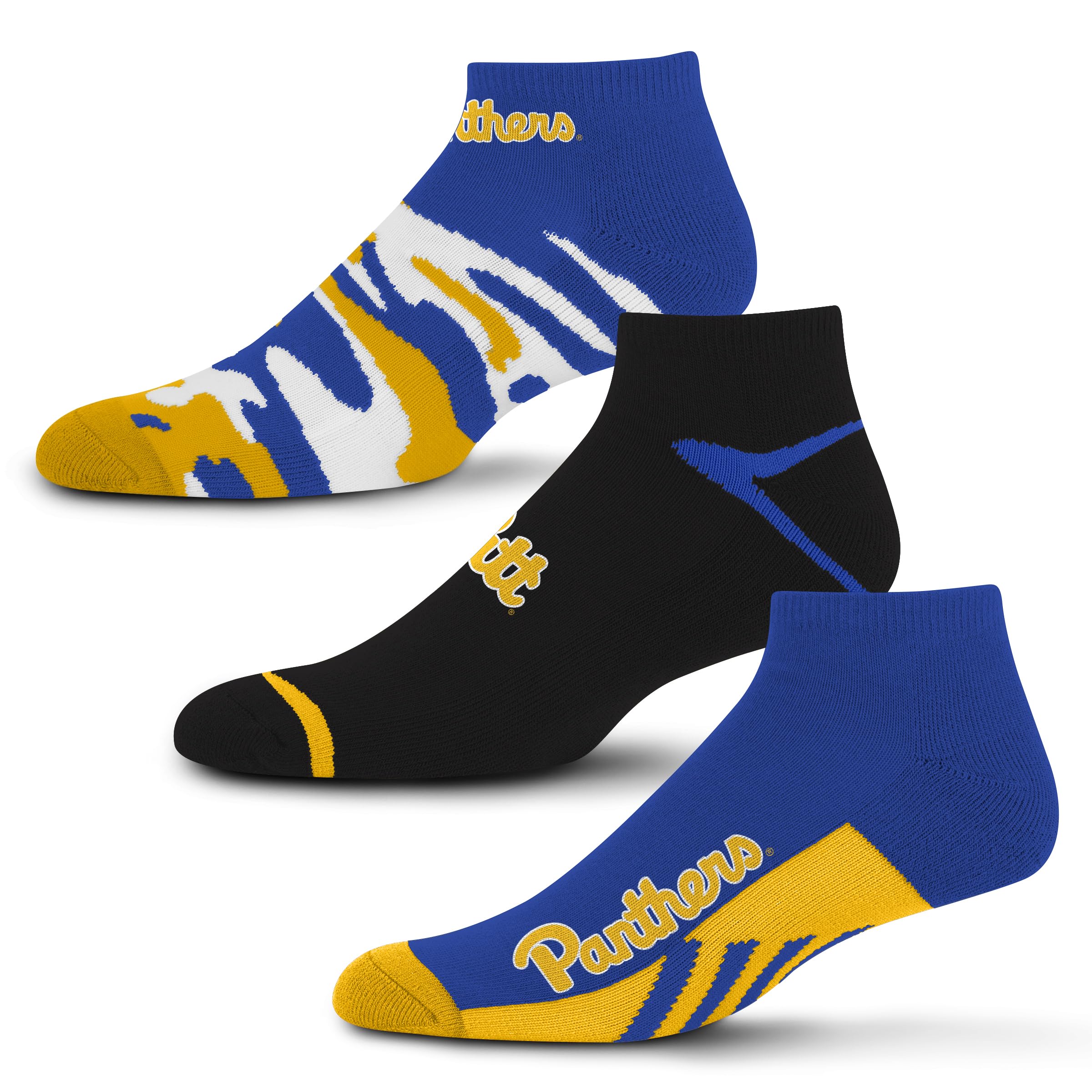 For Bare Feet NCAA Pittsburgh Panthers CAMO BOOM 3 Pack Ankle Sock Team Colors Large