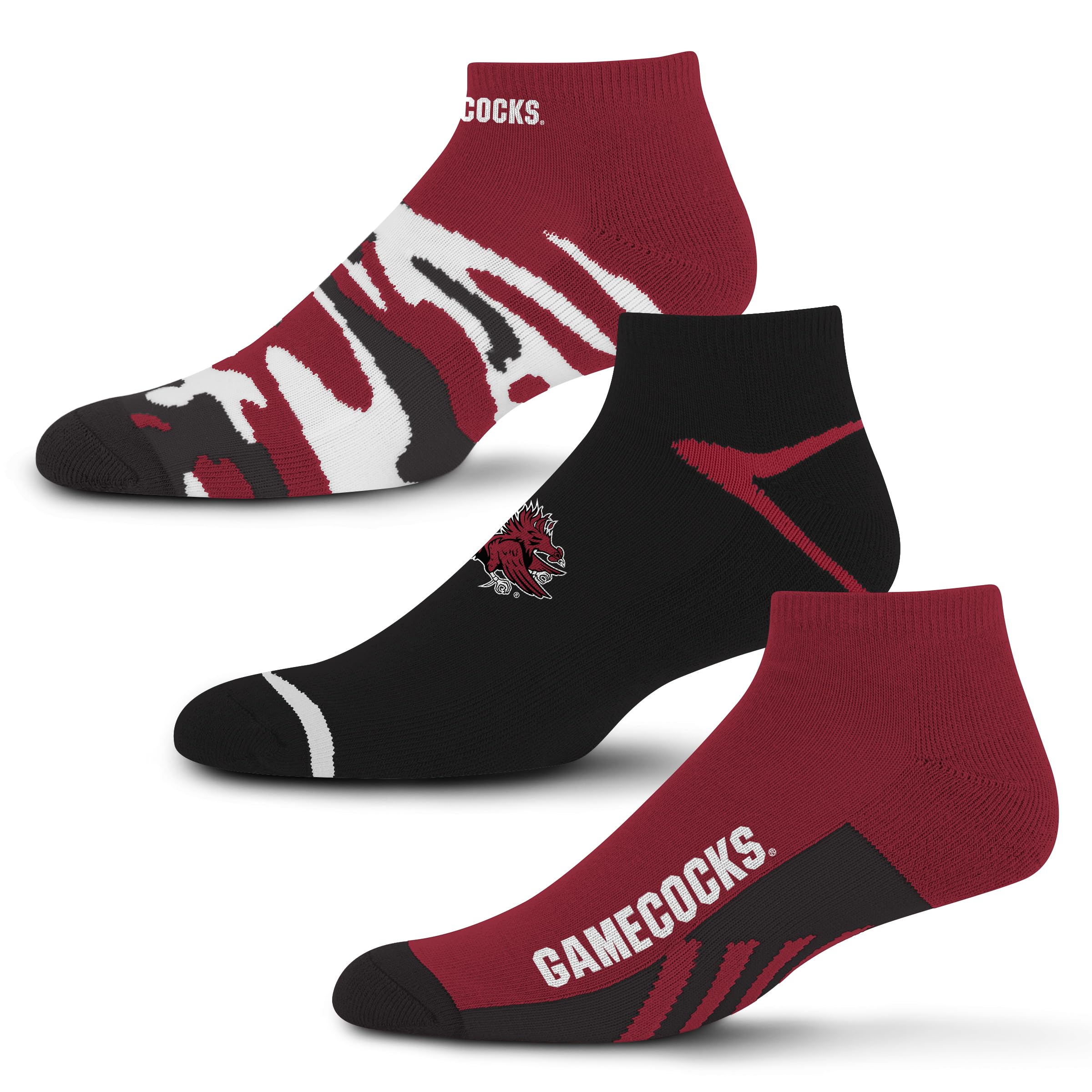 For Bare Feet NCAA South Carolina Gamecocks CAMO BOOM 3 Pack Ankle Sock Team Colors Large