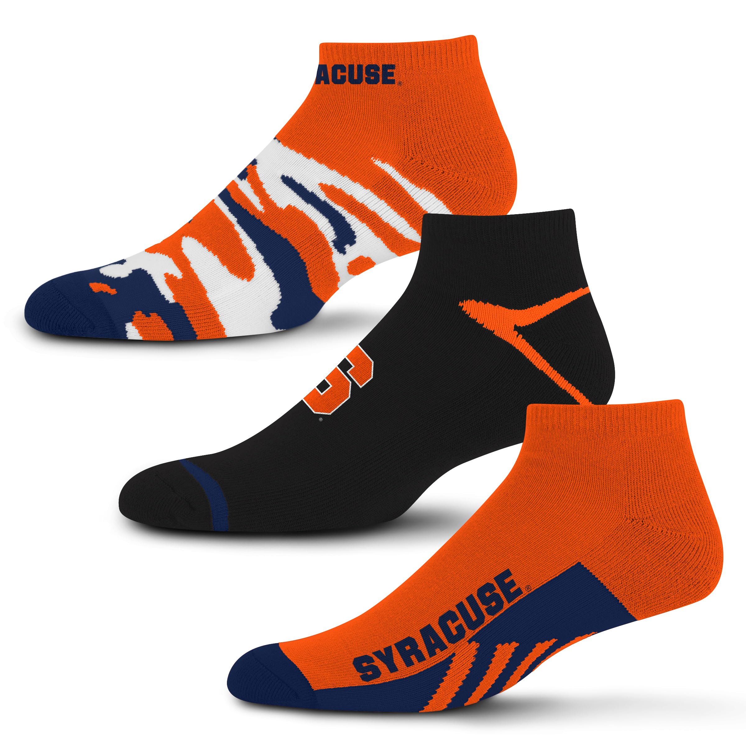 For Bare Feet NCAA Syracuse Orange CAMO BOOM 3 Pack Ankle Sock Team Colors Large