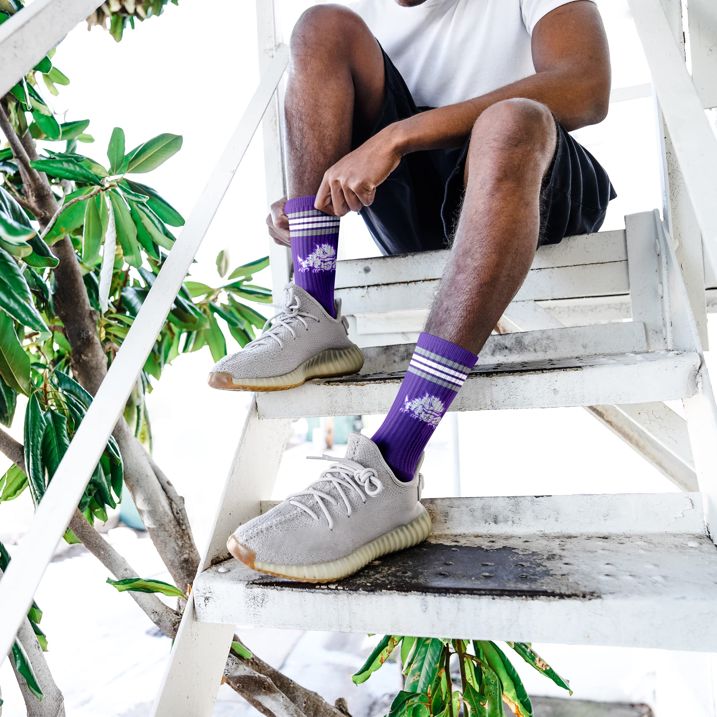 For Bare Feet NCAA TCU Horned Frogs 4 Stripe Deuce Crew Sock Team Color MEDIUM - Image 4