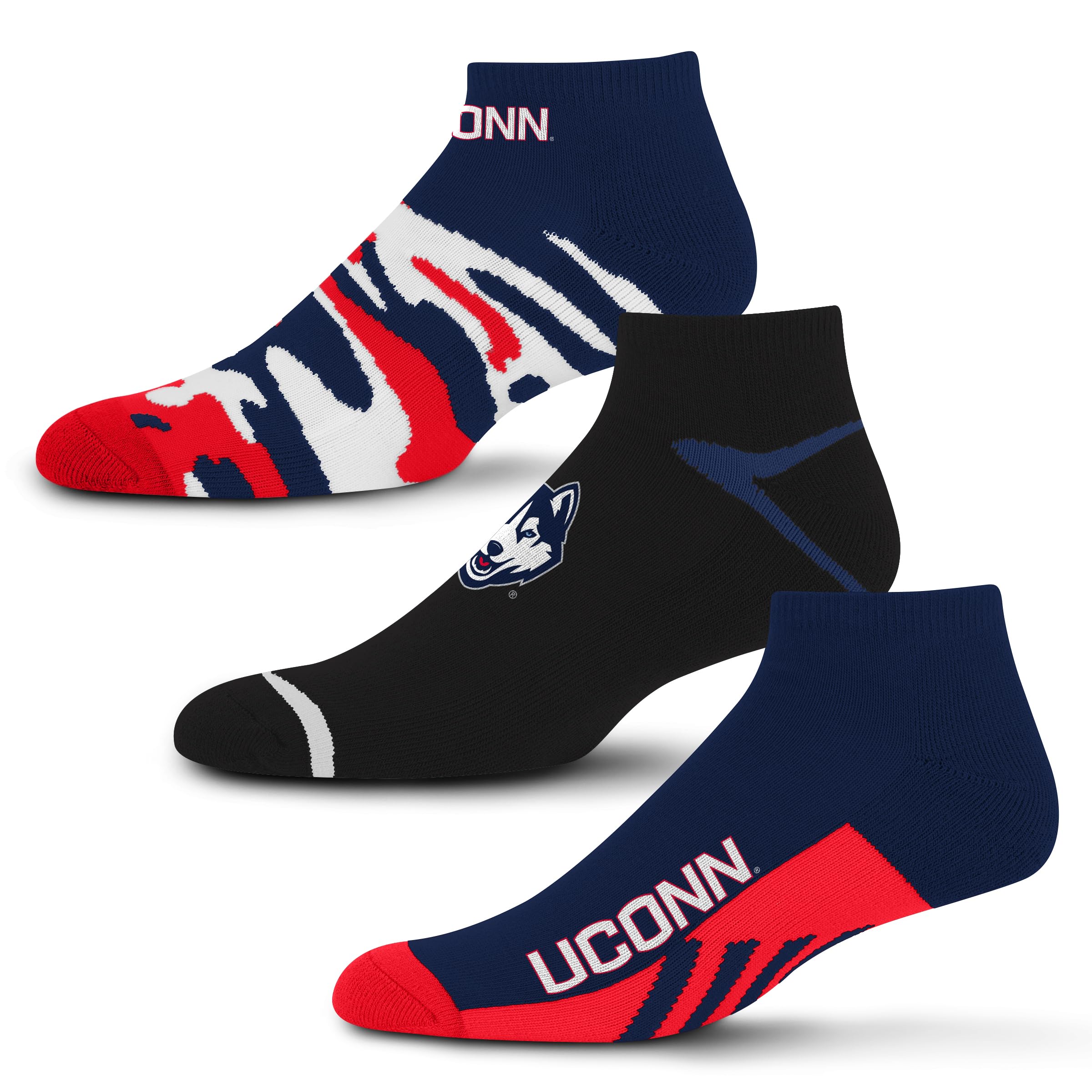 For Bare Feet NCAA UCONN HUSKIES CAMO BOOM 3 Pack Ankle Sock Team Colors Large